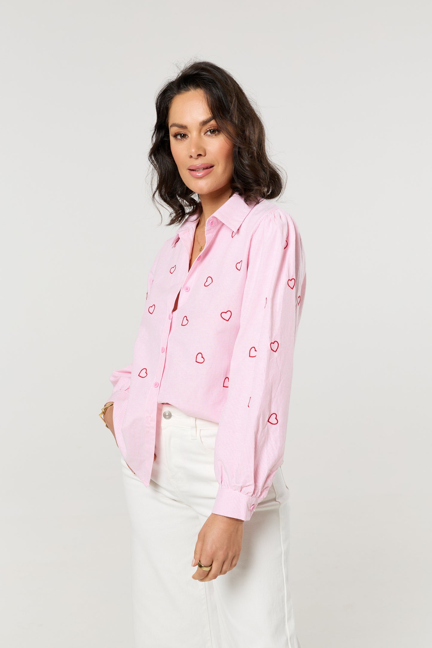 
                  
                    Pink Heart Embroidered Stripe Shirt
                  
                