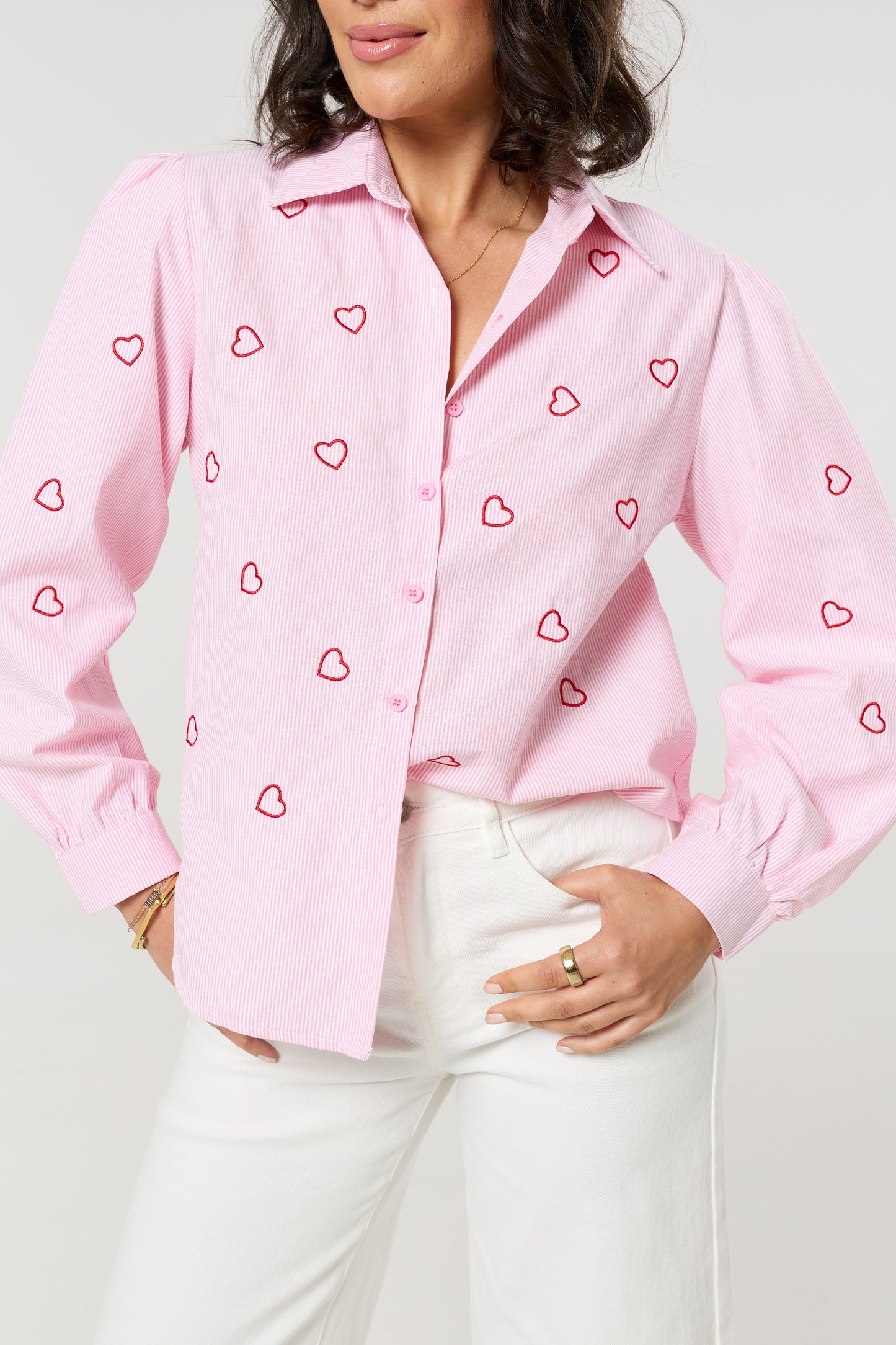 
                  
                    Pink Heart Embroidered Stripe Shirt
                  
                