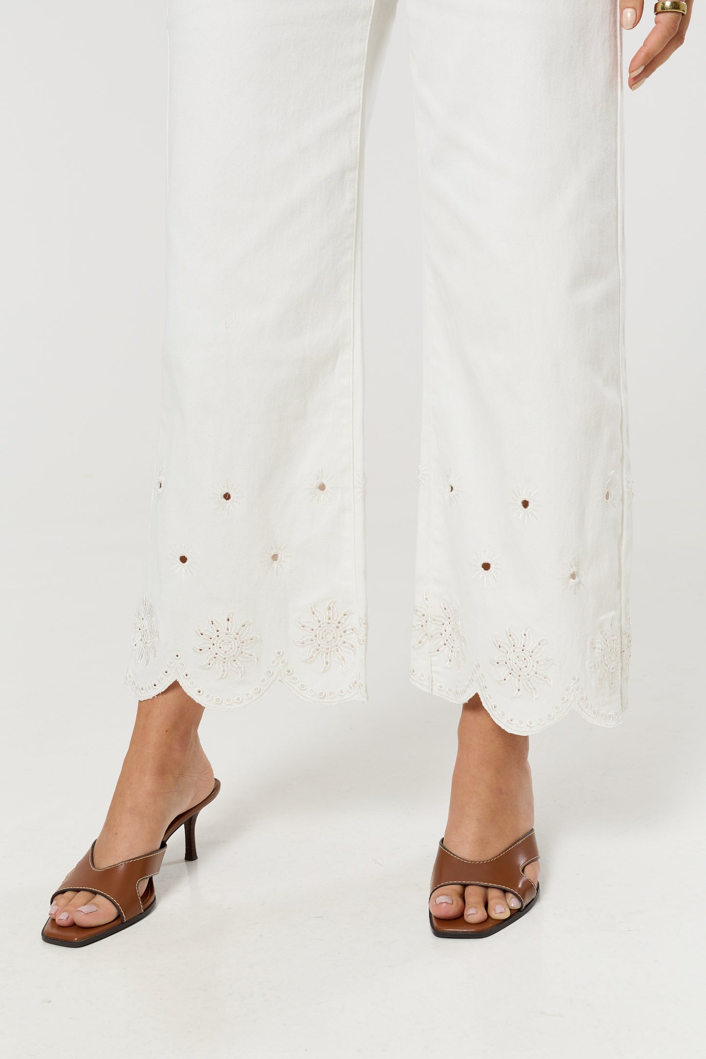 
                  
                    White Scalloped Broderie Cropped Trousers
                  
                