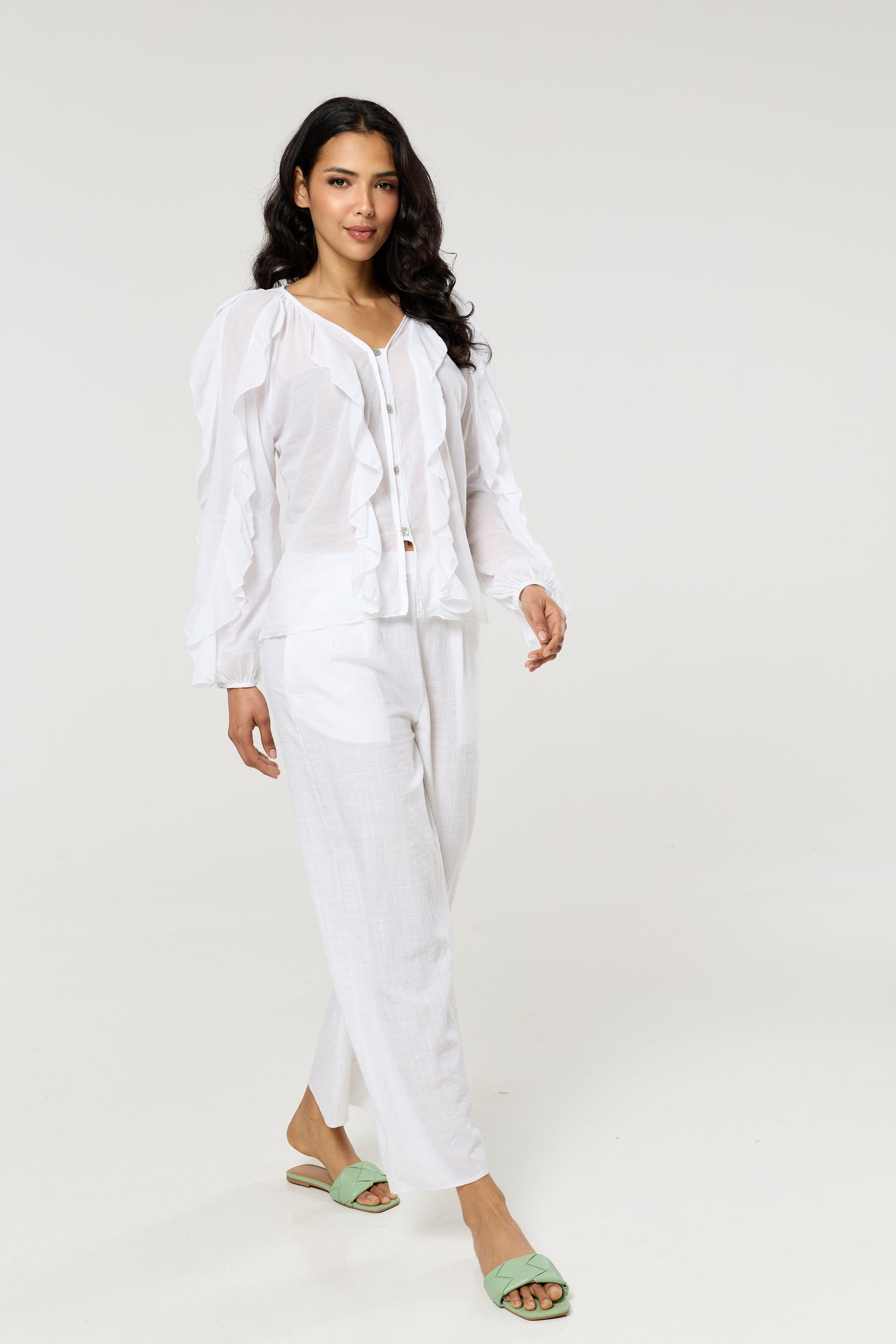 
                  
                    White Ruffle Button Down Cotton Blouse
                  
                