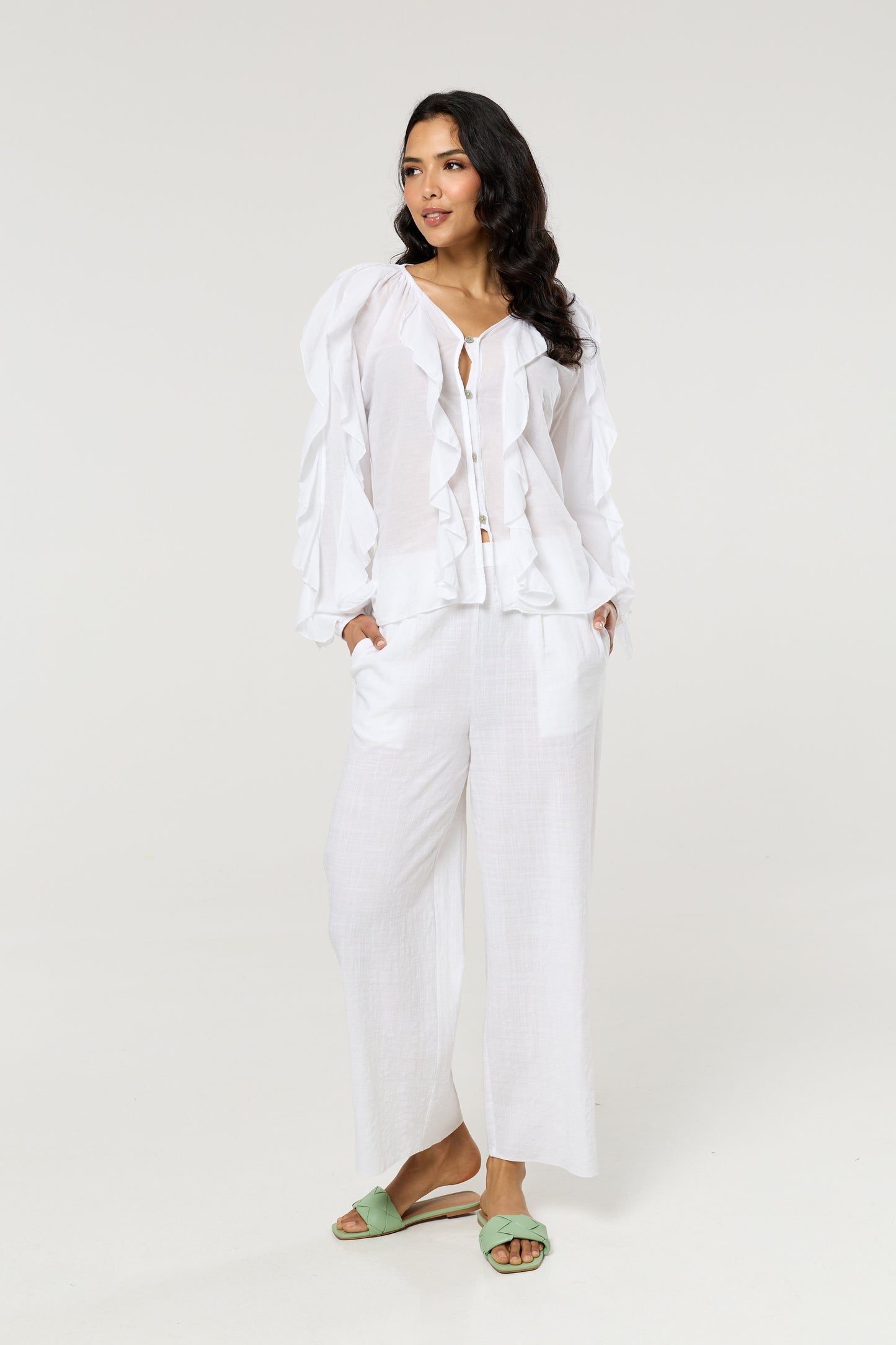 
                  
                    White Ruffle Button Down Cotton Blouse
                  
                