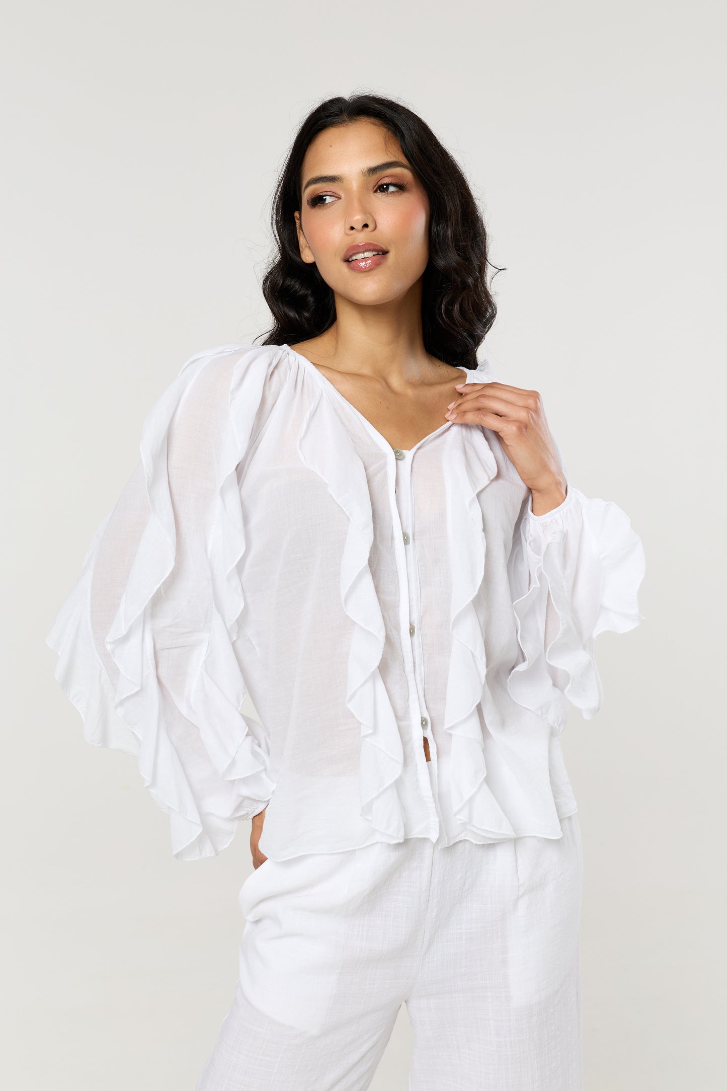 
                  
                    White Ruffle Button Down Cotton Blouse
                  
                