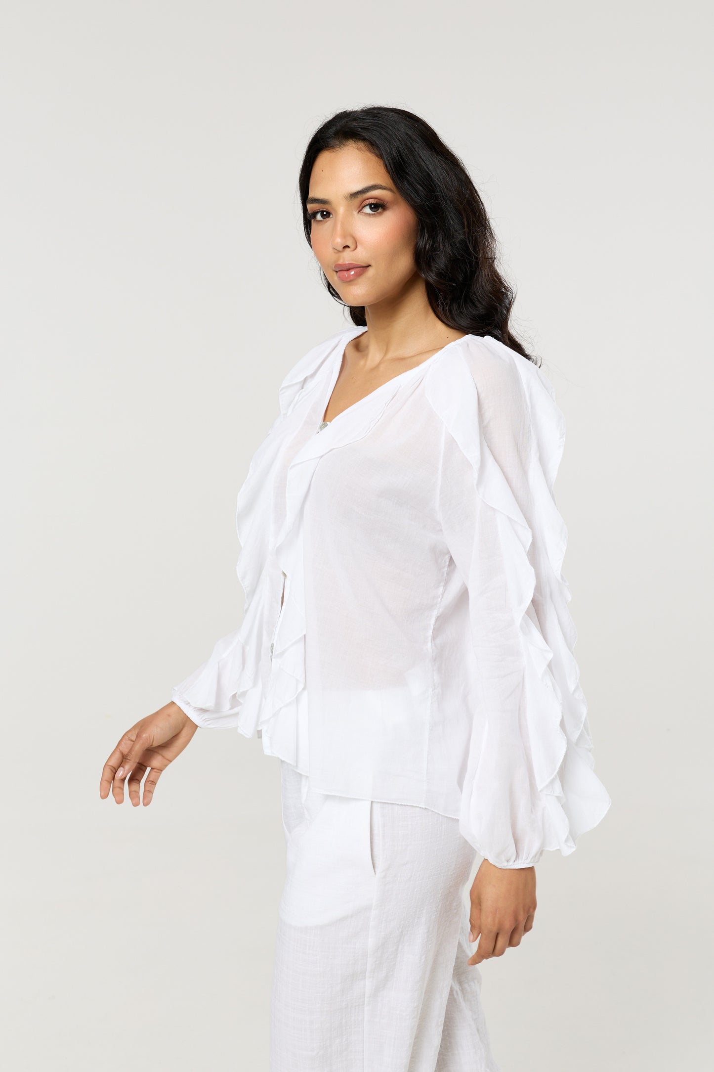 
                  
                    White Ruffle Button Down Cotton Blouse
                  
                