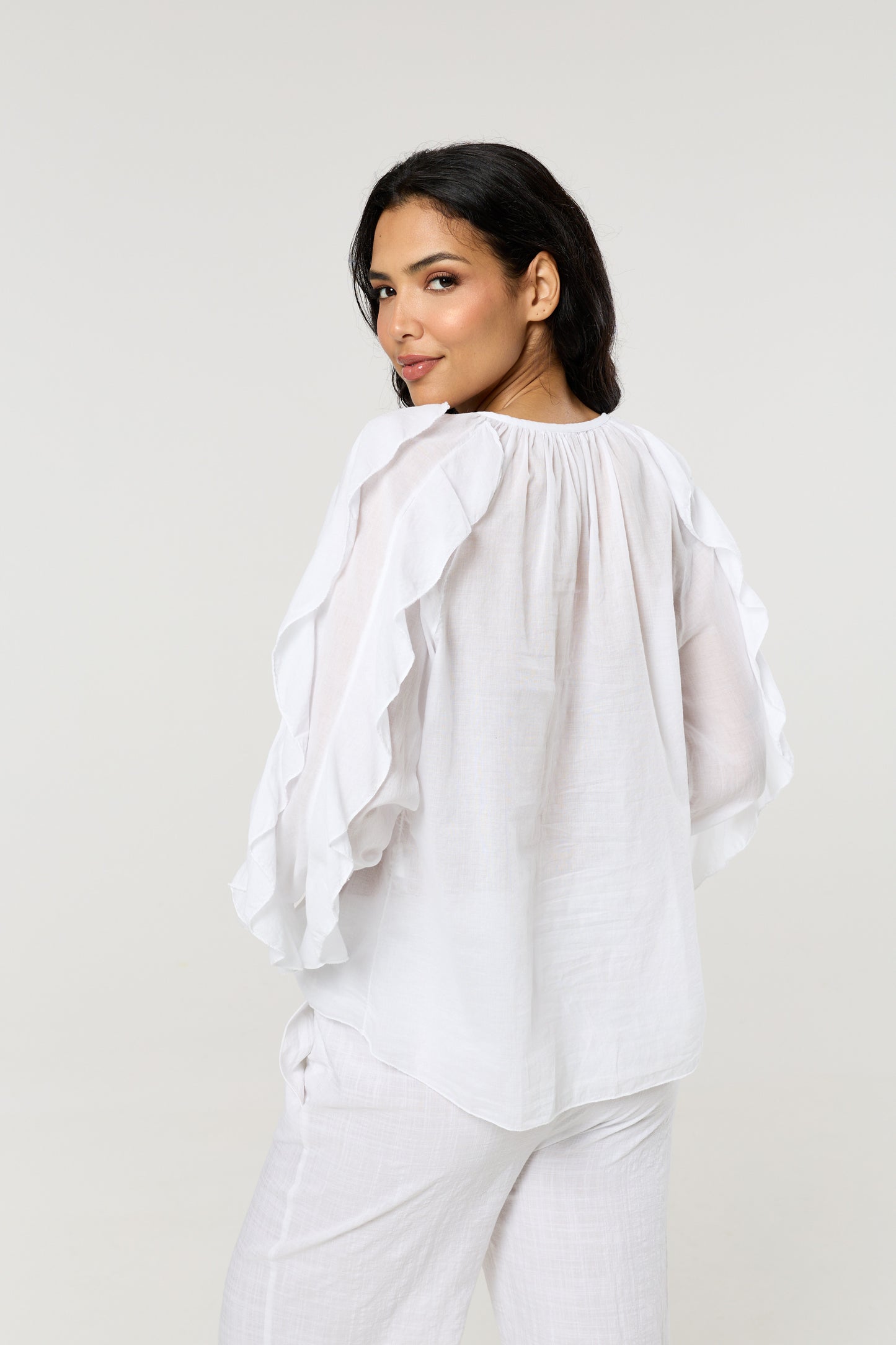 
                  
                    White Ruffle Button Down Cotton Blouse
                  
                