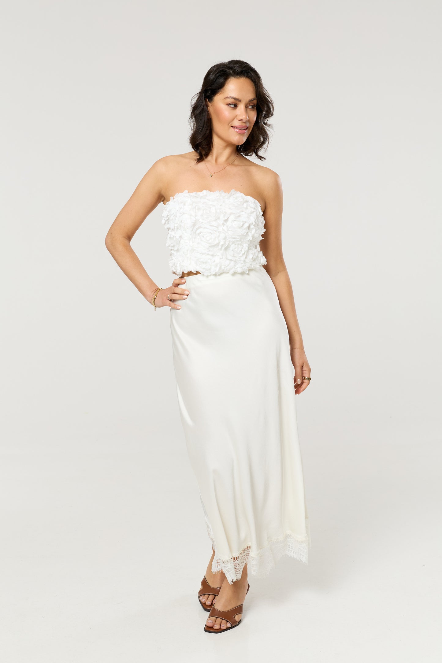 
                  
                    Cream Lace Trim Satin Maxi Skirt
                  
                