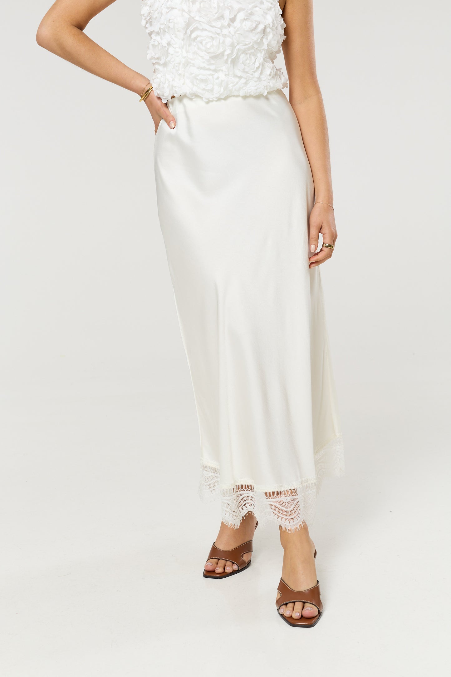 
                  
                    Cream Lace Trim Satin Maxi Skirt
                  
                