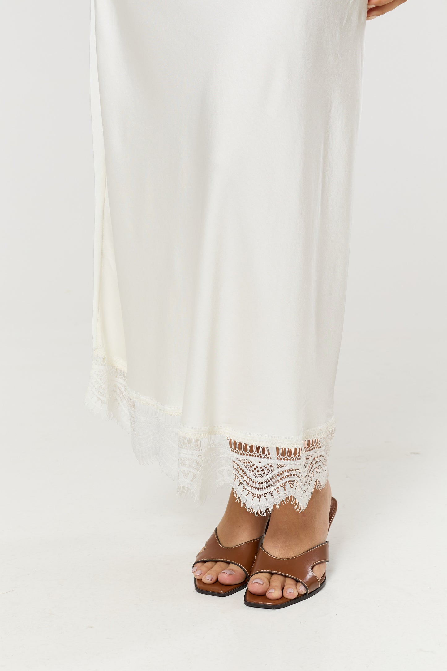 
                  
                    Cream Lace Trim Satin Maxi Skirt
                  
                