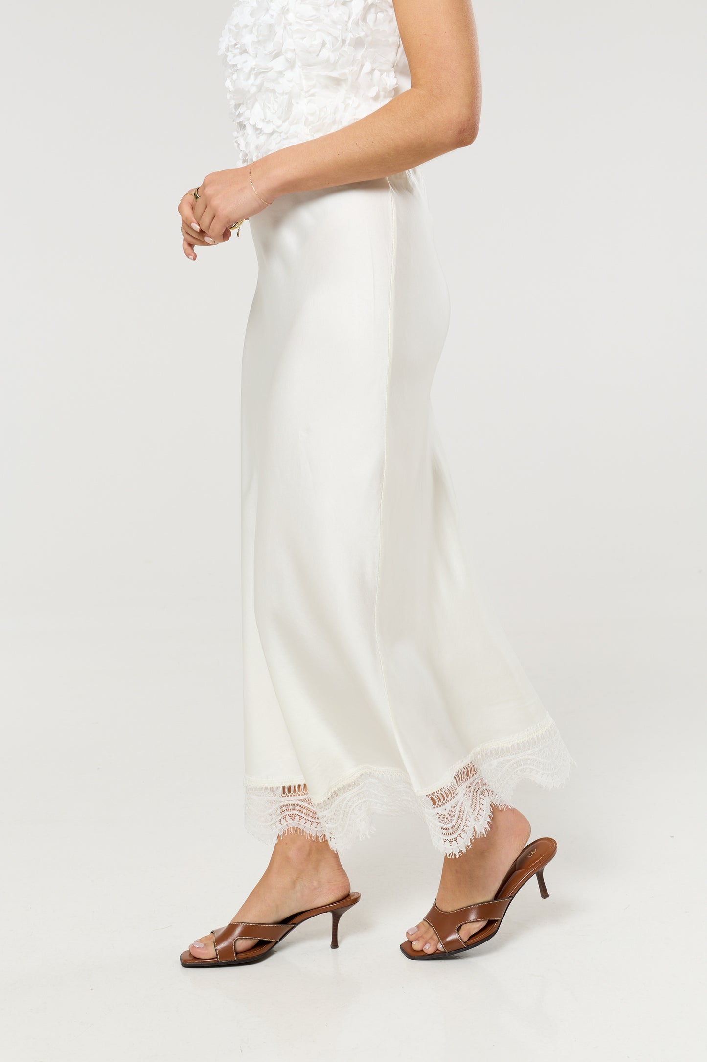 
                  
                    Cream Lace Trim Satin Maxi Skirt
                  
                