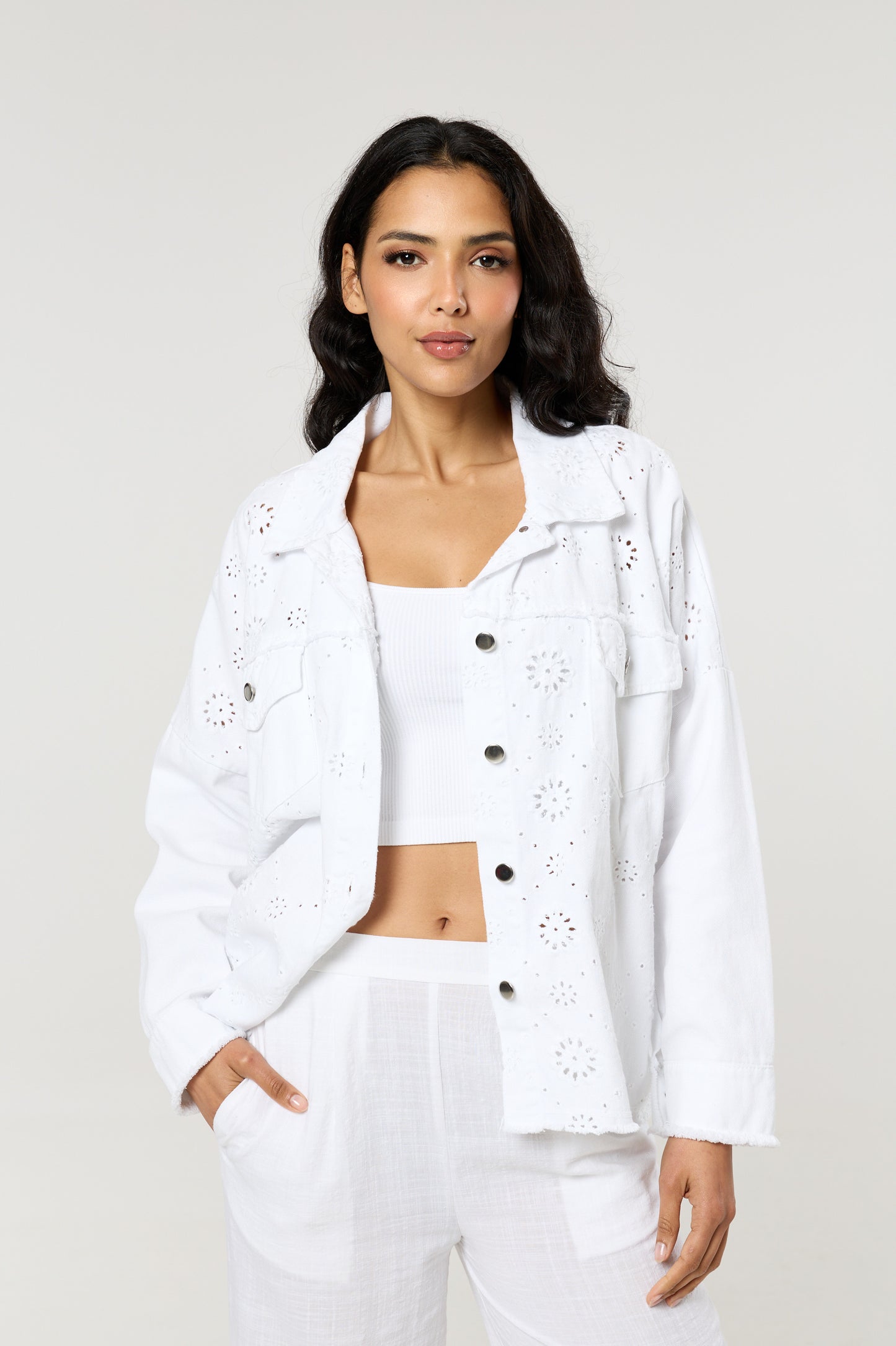 
                  
                    White Broderie Anglaise Denim Shirt
                  
                