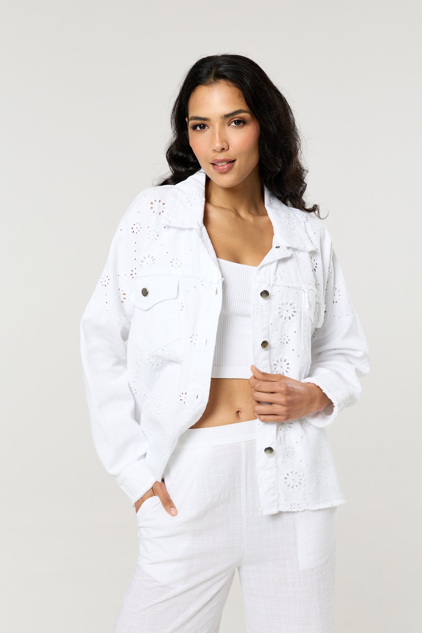 
                  
                    White Broderie Anglaise Denim Shirt
                  
                