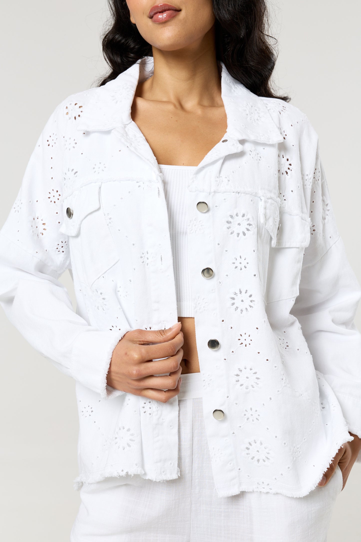 
                  
                    White Broderie Anglaise Denim Shirt
                  
                