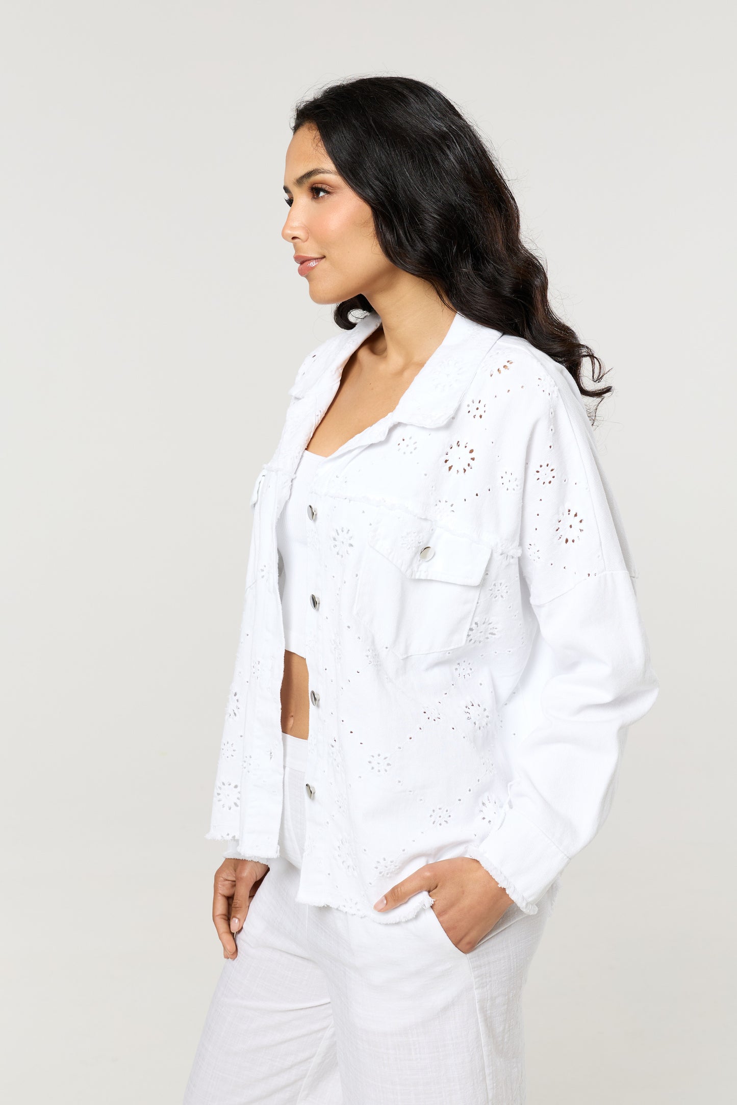 
                  
                    White Broderie Anglaise Denim Shirt
                  
                