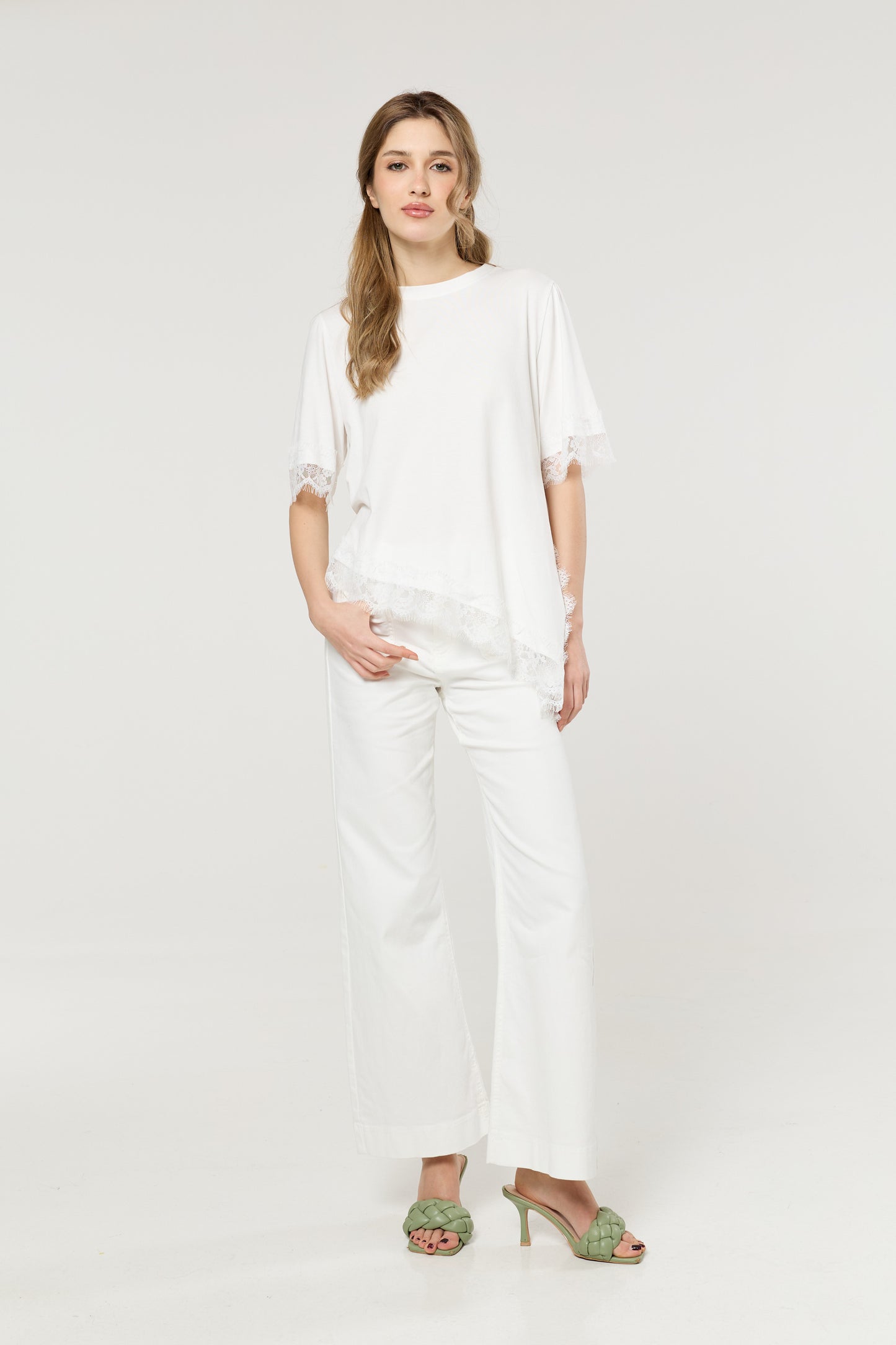 
                  
                    White Asymmetric Lace Trim Cotton T-Shirt
                  
                