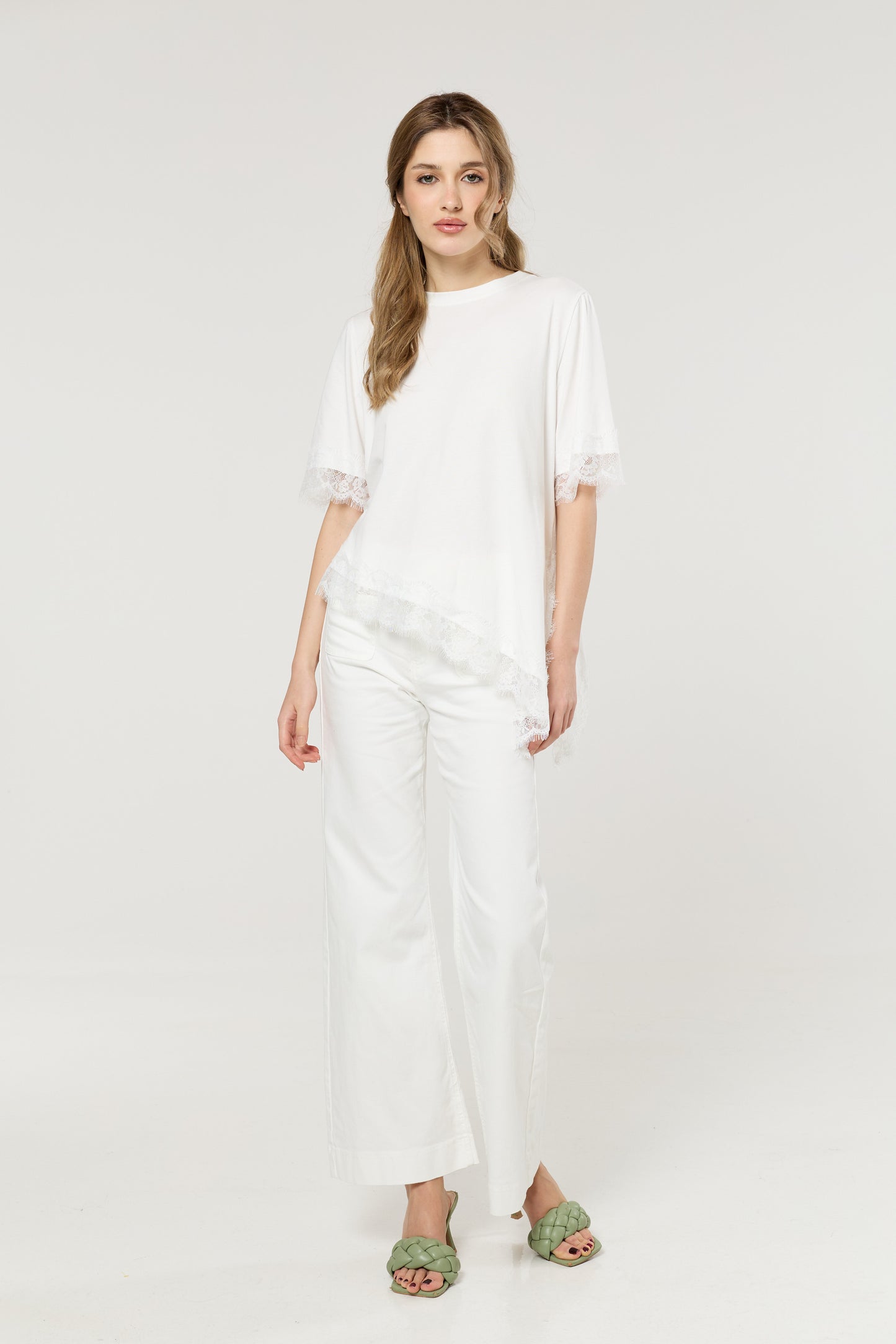 
                  
                    White Asymmetric Lace Trim Cotton T-Shirt
                  
                