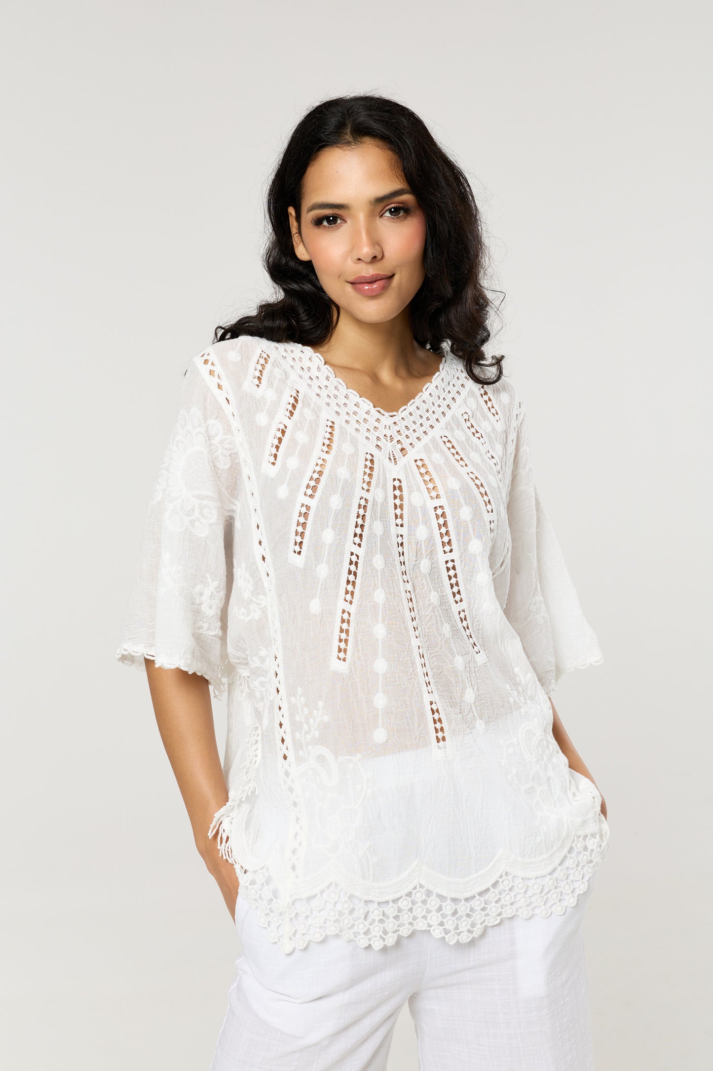 
                  
                    White Cotton Lace Detail Boho Blouse
                  
                