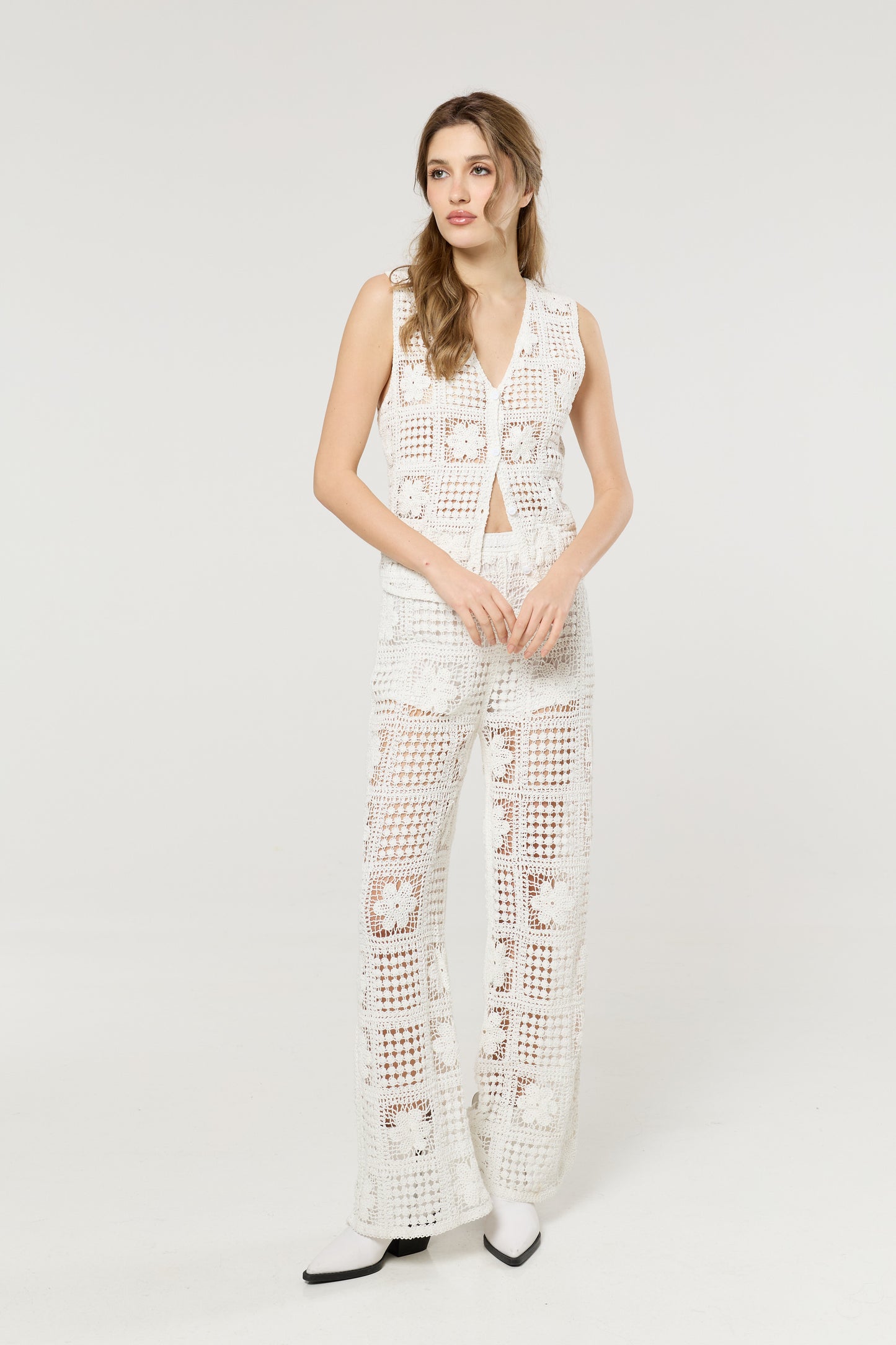 
                  
                    Cream Crochet Knit Wide Leg Trousers
                  
                