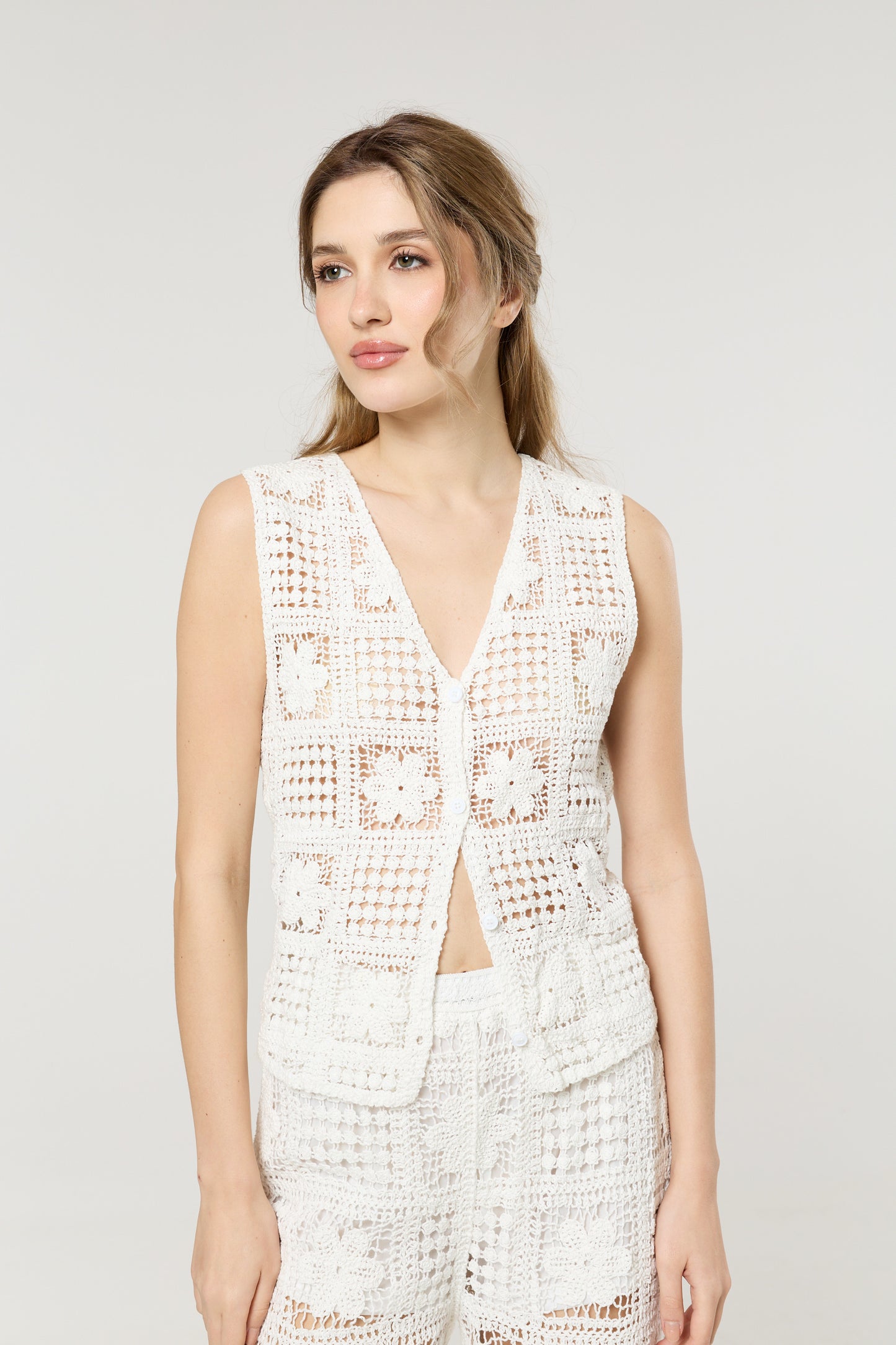 
                  
                    Cream Crochet Knit Button Front Vest Top
                  
                