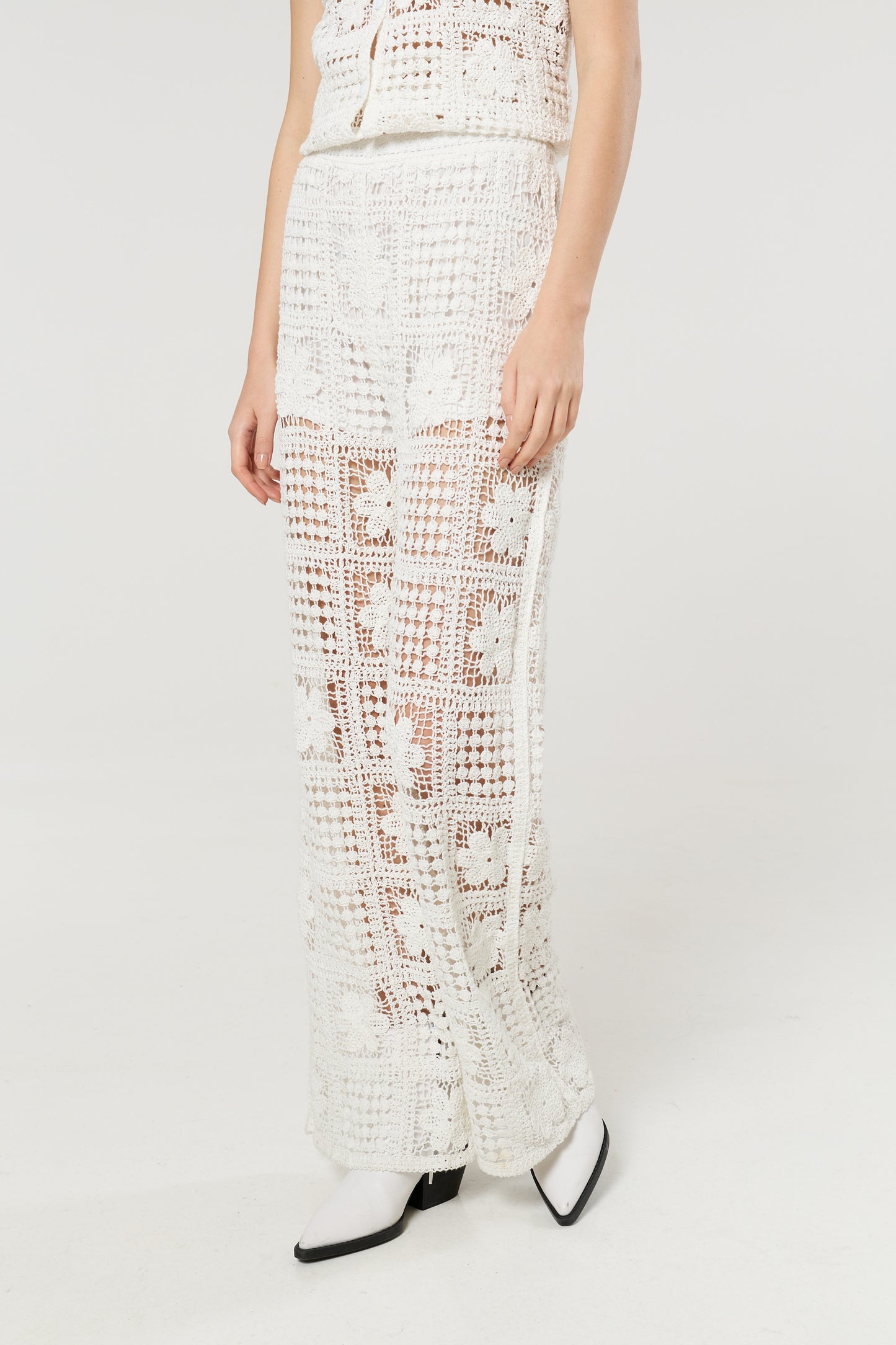 
                  
                    Cream Crochet Knit Wide Leg Trousers
                  
                