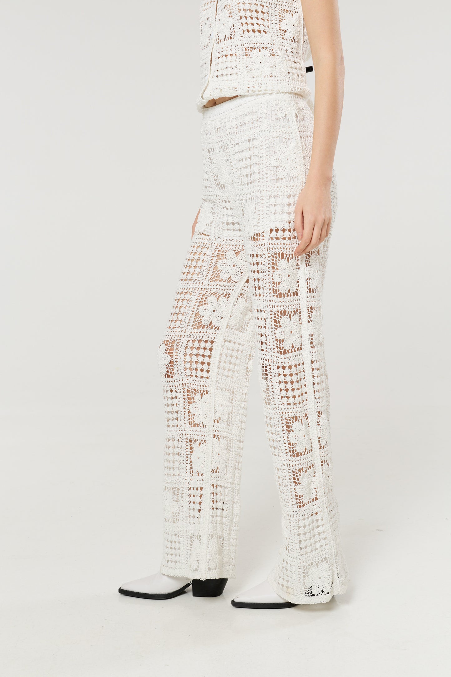 
                  
                    Cream Crochet Knit Wide Leg Trousers
                  
                