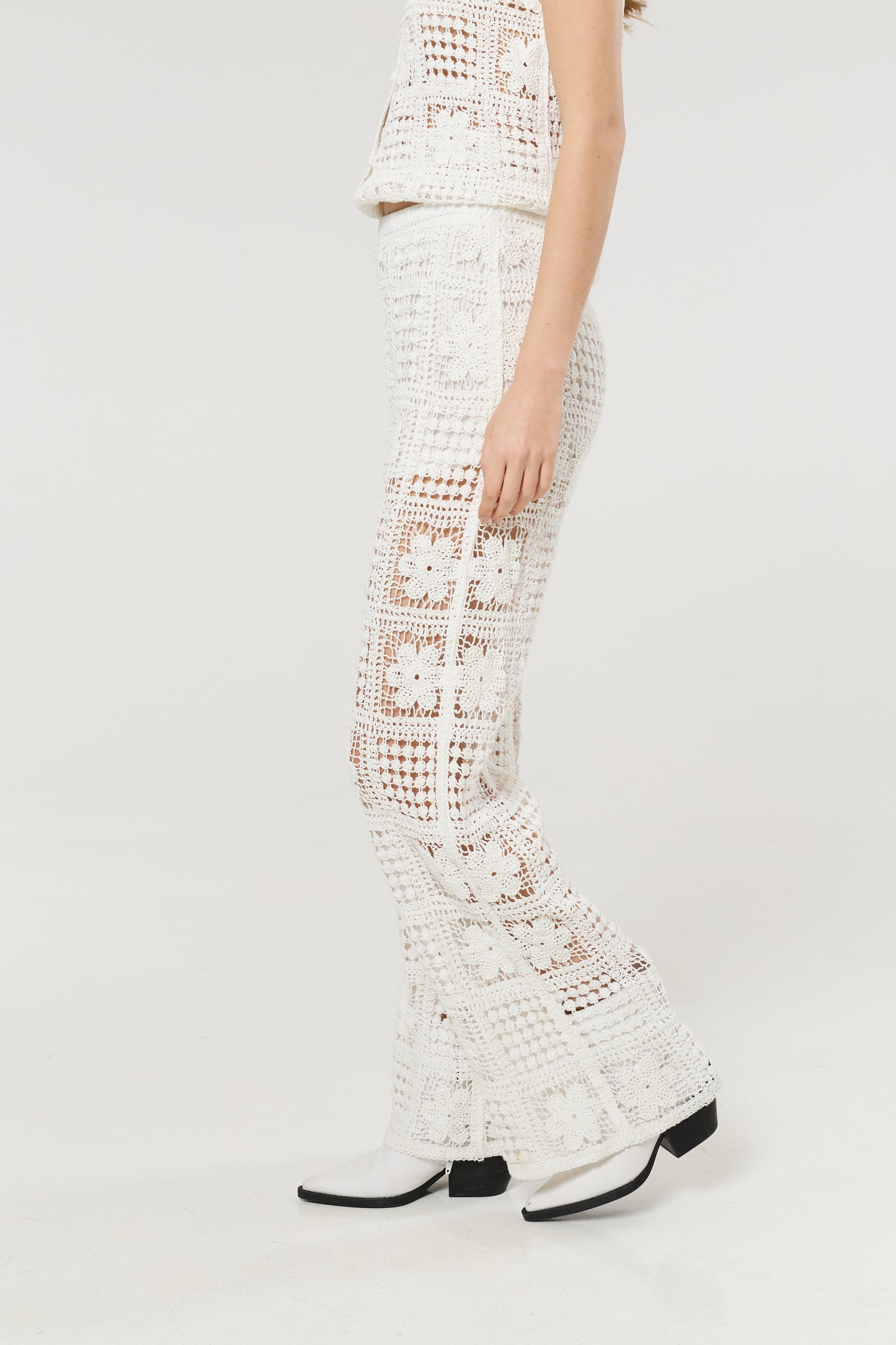 
                  
                    Cream Crochet Knit Wide Leg Trousers
                  
                