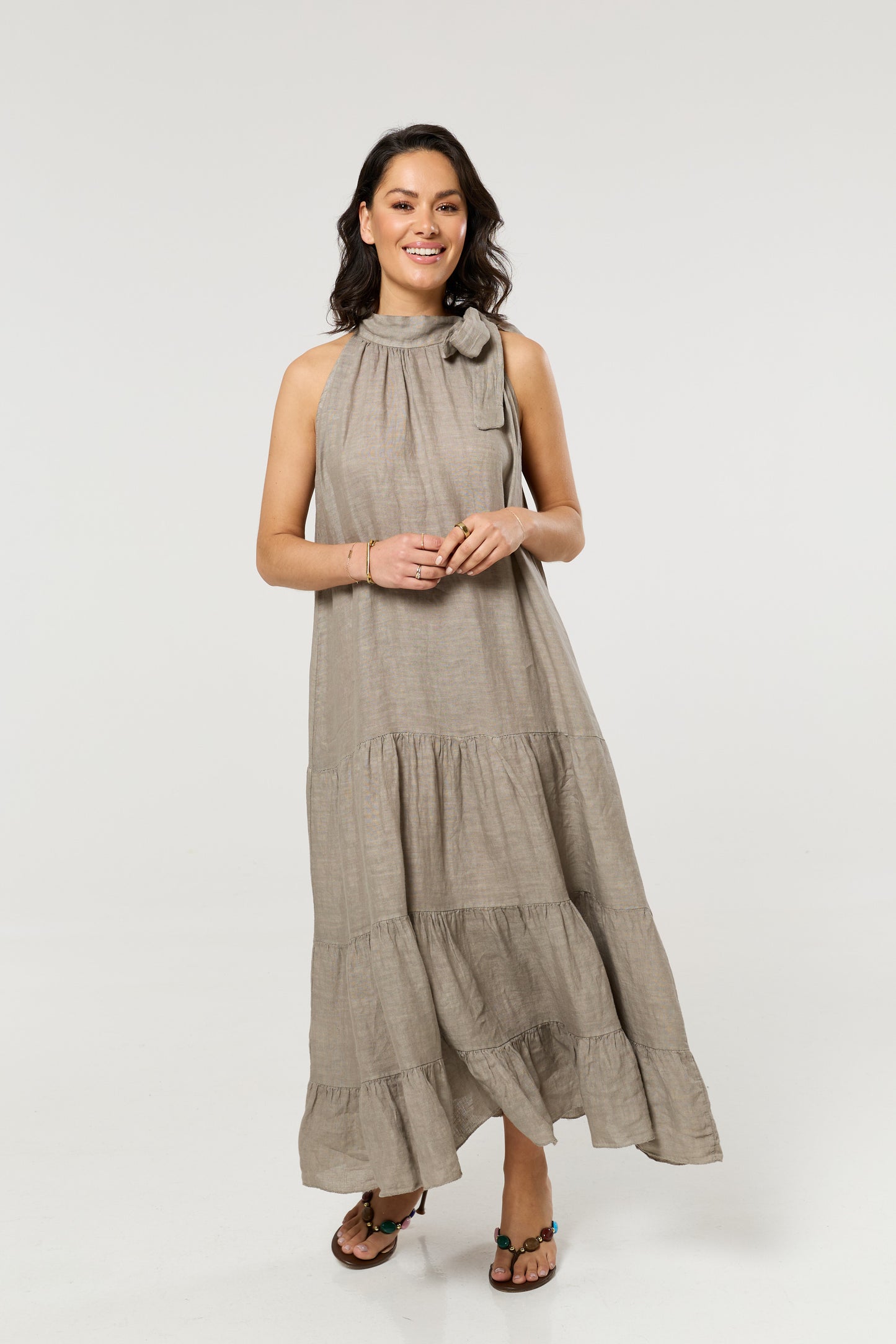 
                  
                    Taupe Linen Tie Neck Tiered Maxi
                  
                