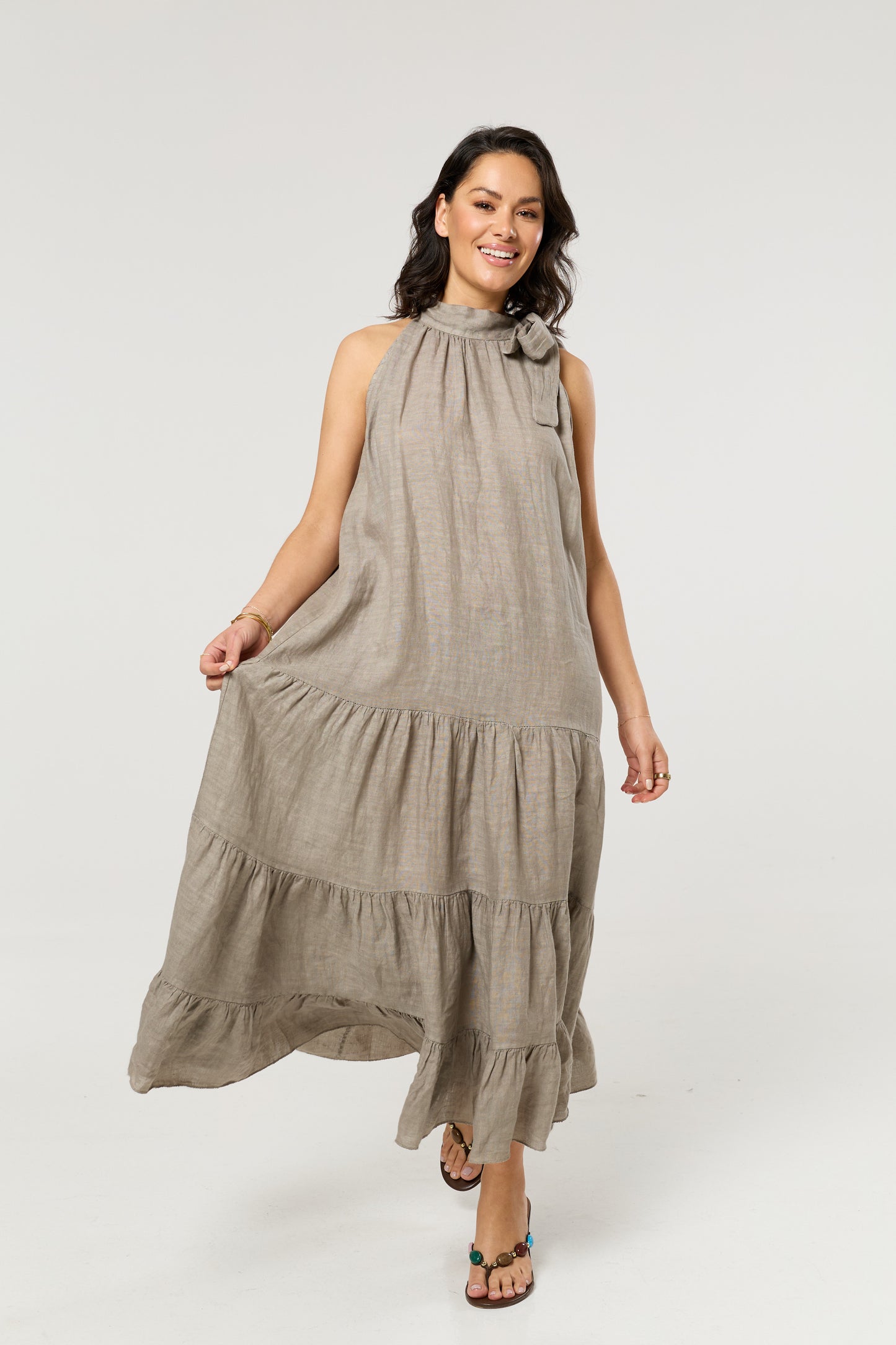 
                  
                    Taupe Linen Tie Neck Tiered Maxi
                  
                