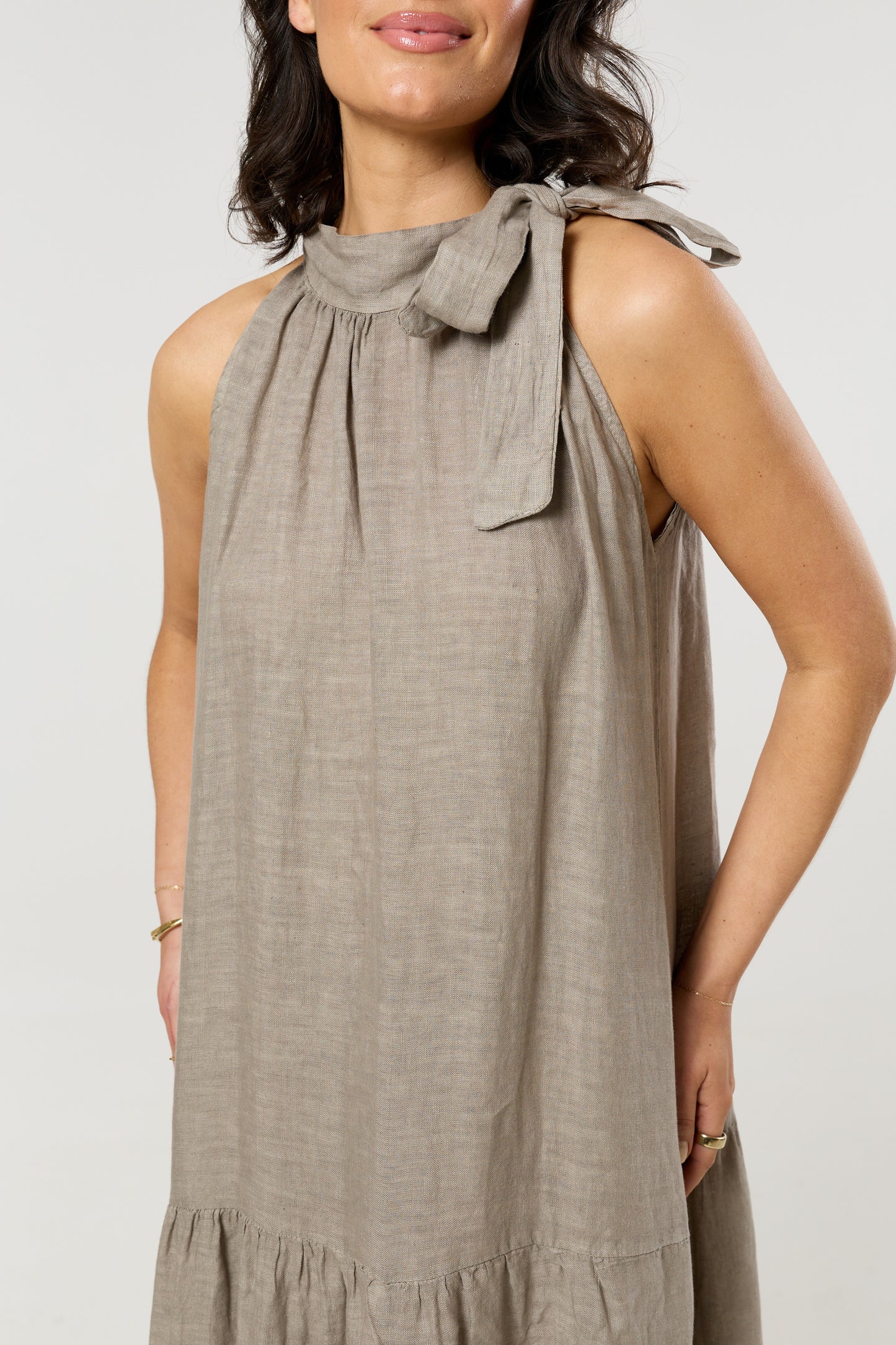 
                  
                    Taupe Linen Tie Neck Tiered Maxi
                  
                