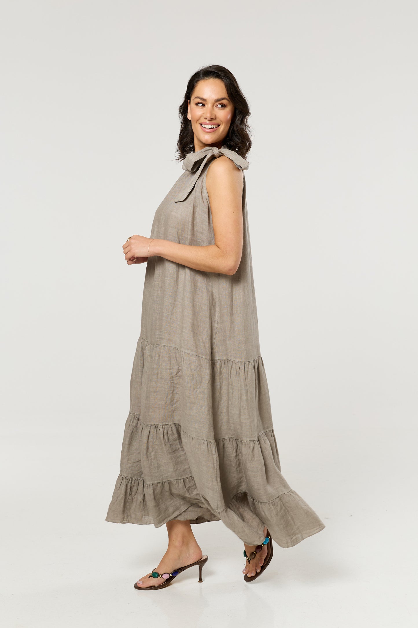 
                  
                    Taupe Linen Tie Neck Tiered Maxi
                  
                