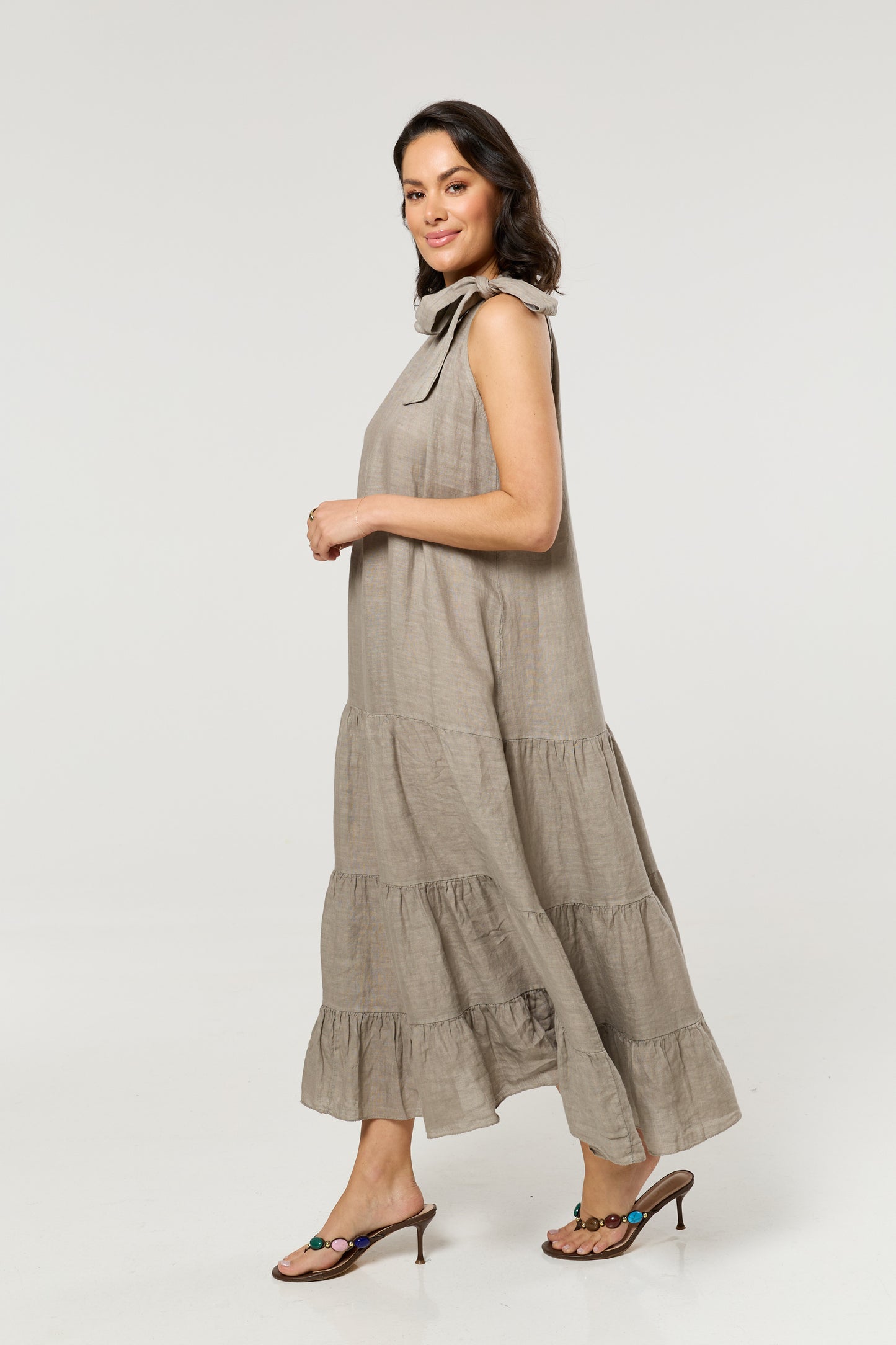 
                  
                    Taupe Linen Tie Neck Tiered Maxi
                  
                
