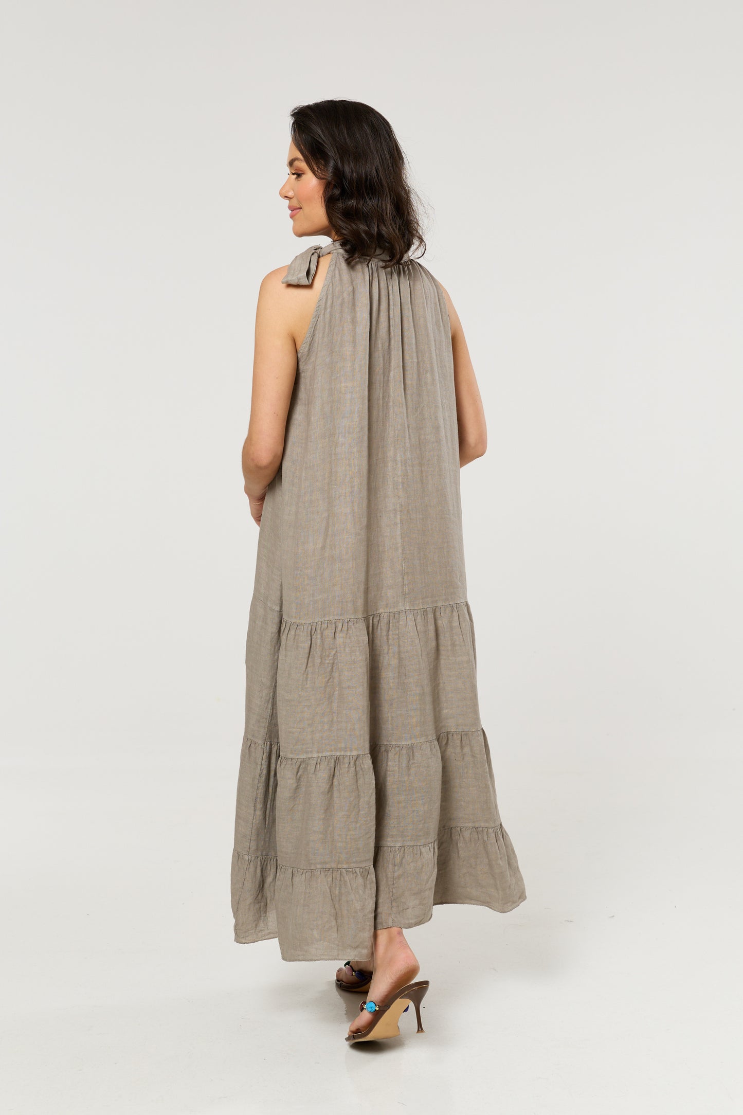 
                  
                    Taupe Linen Tie Neck Tiered Maxi
                  
                