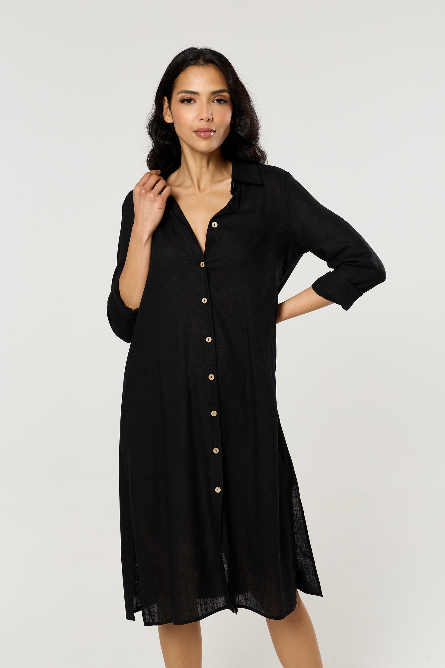 
                  
                    Black Linen Blend Midi Dress
                  
                