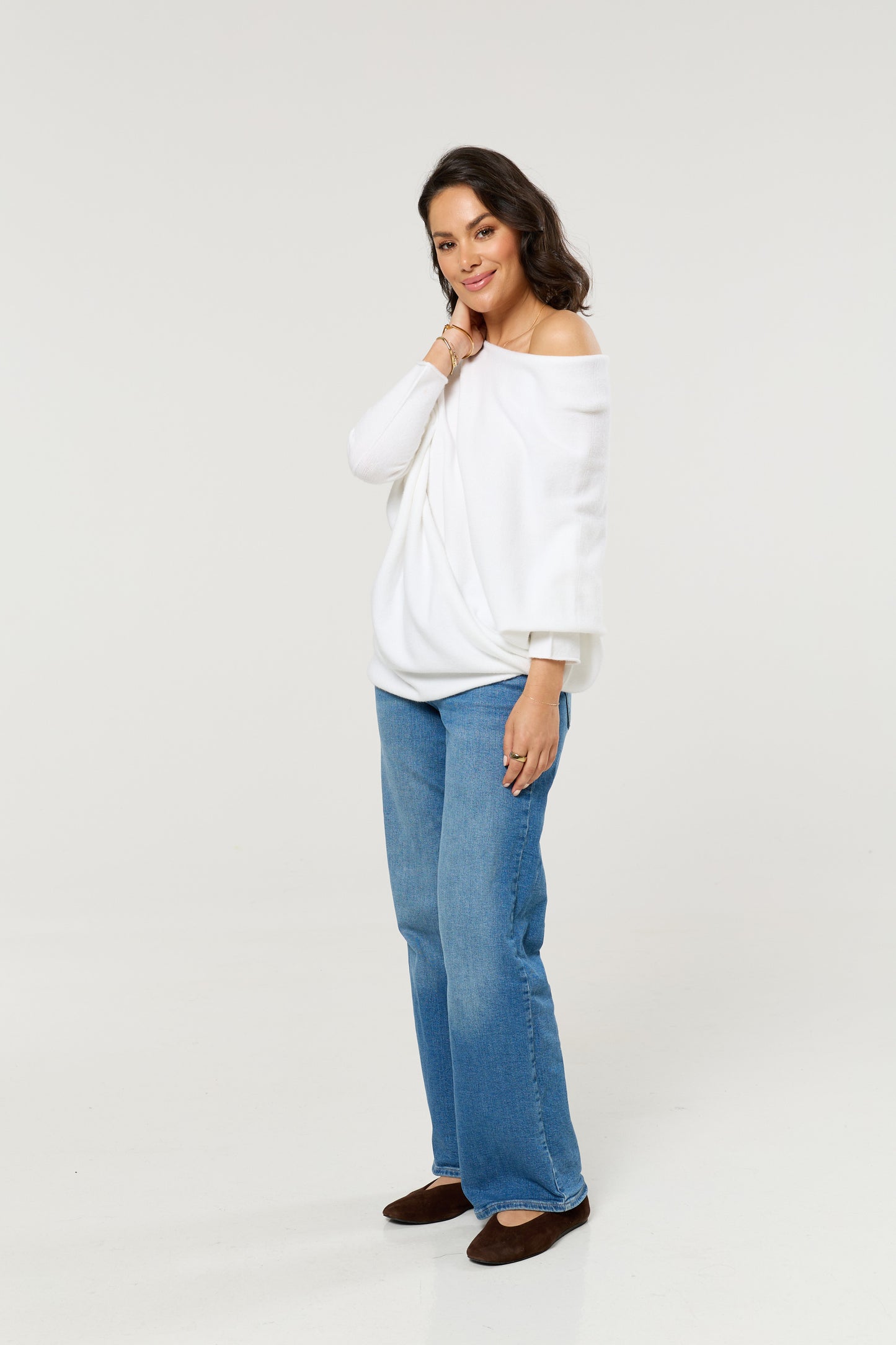 
                  
                    White Off Shoulder Batwing Knit Jumper
                  
                