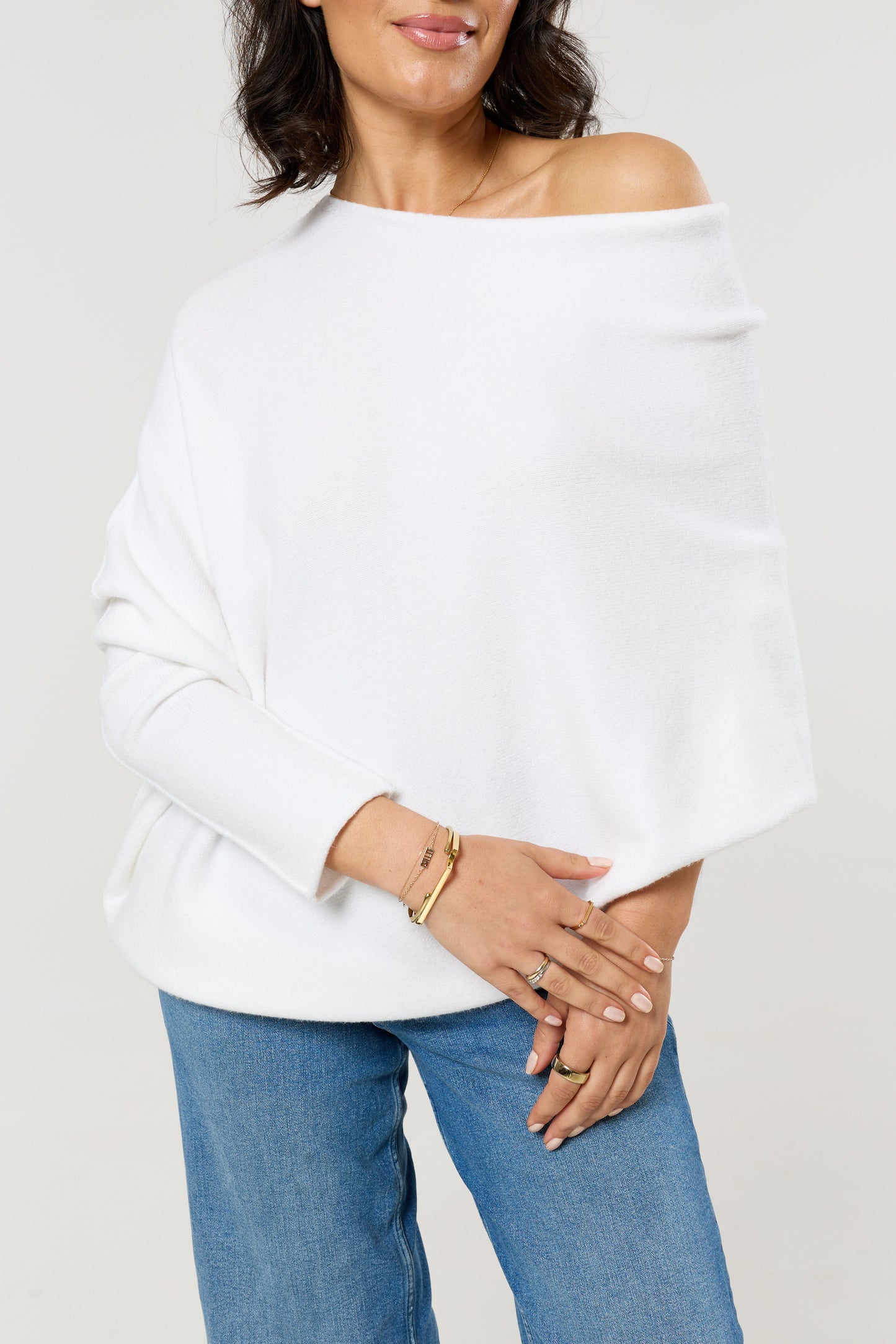 
                  
                    White Off Shoulder Batwing Knit Jumper
                  
                