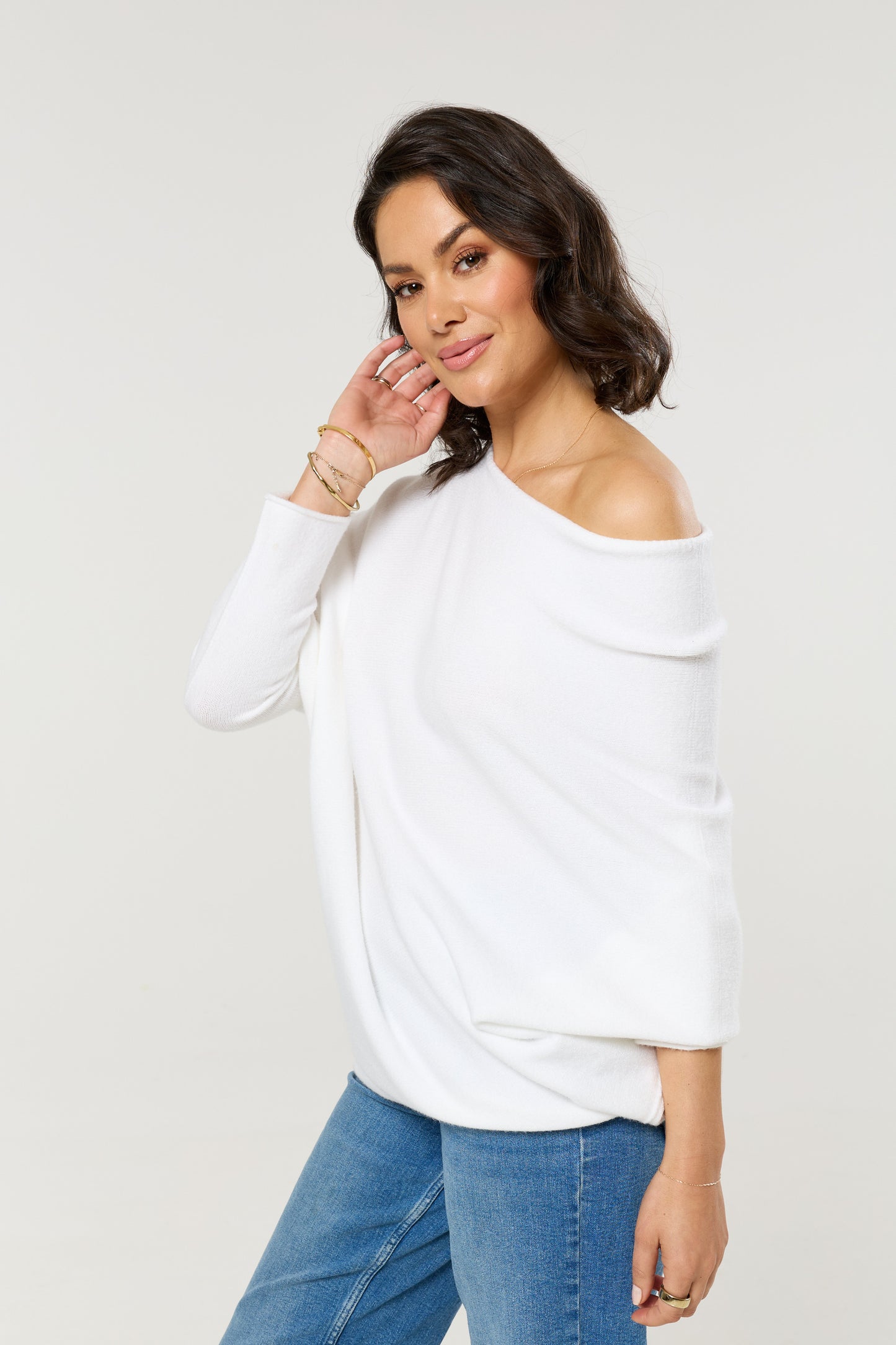 
                  
                    White Off Shoulder Batwing Knit Jumper
                  
                
