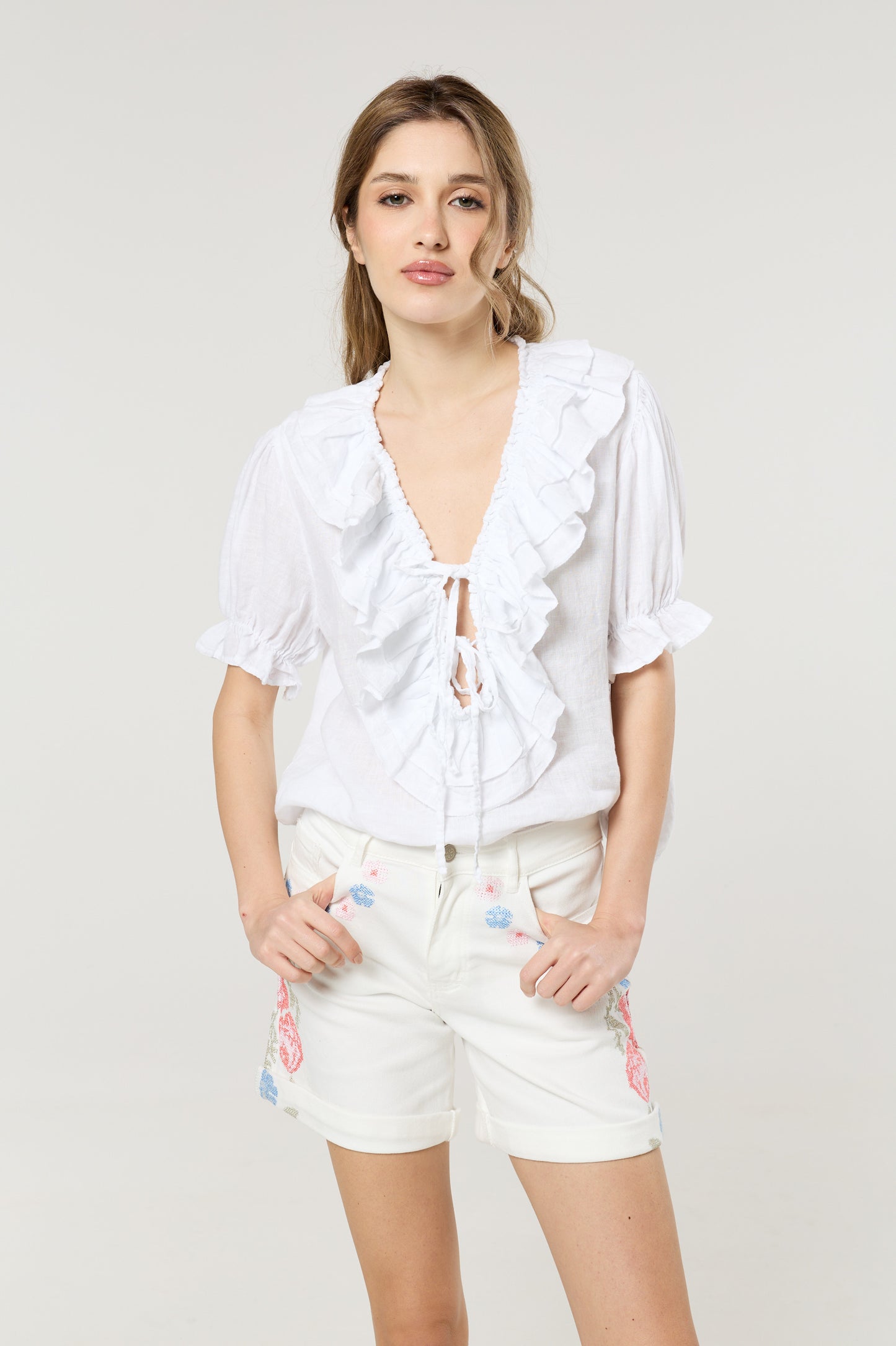 
                  
                    Floral Embroidered White Denim Shorts
                  
                