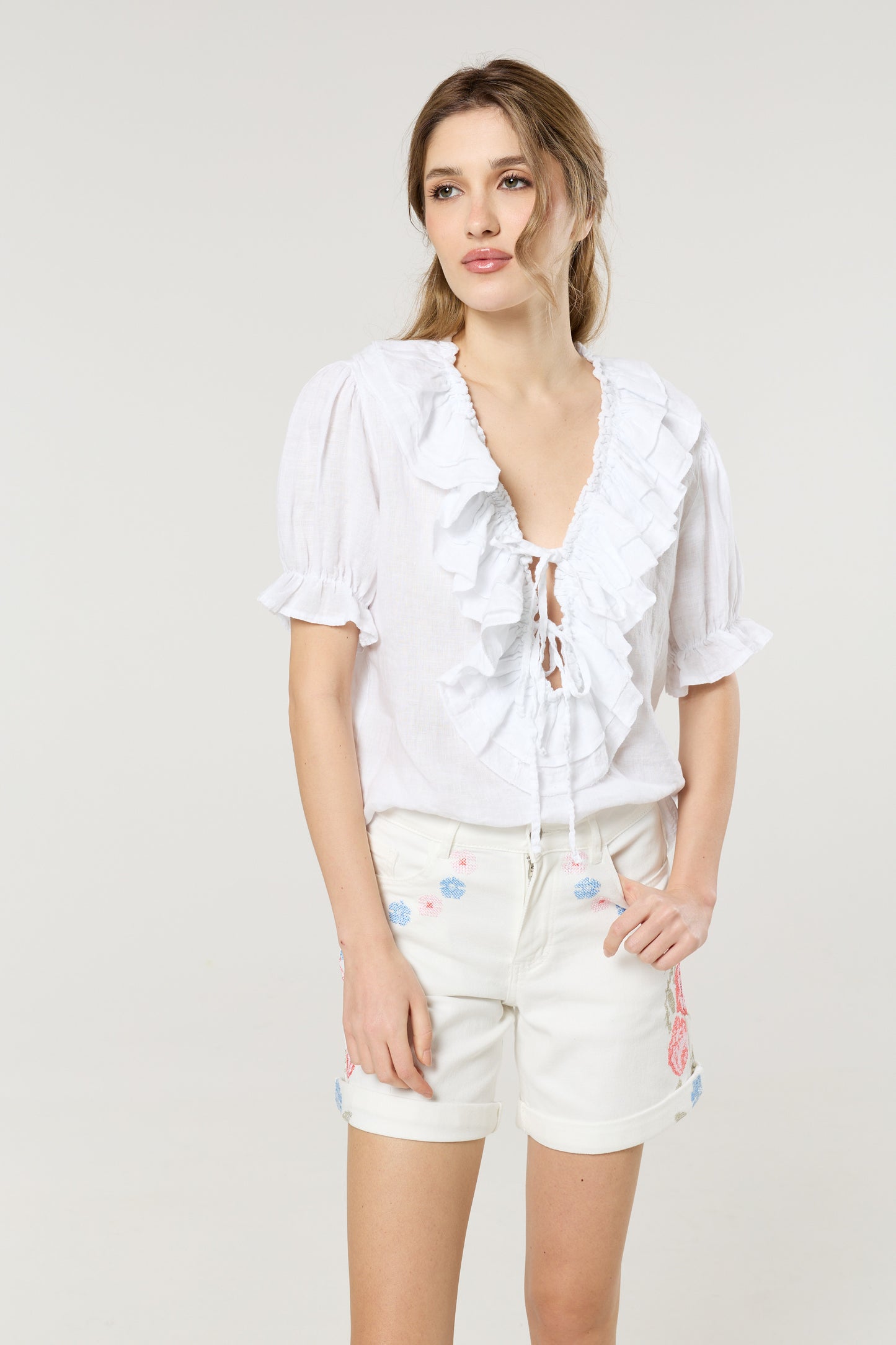
                  
                    Floral Embroidered White Denim Shorts
                  
                