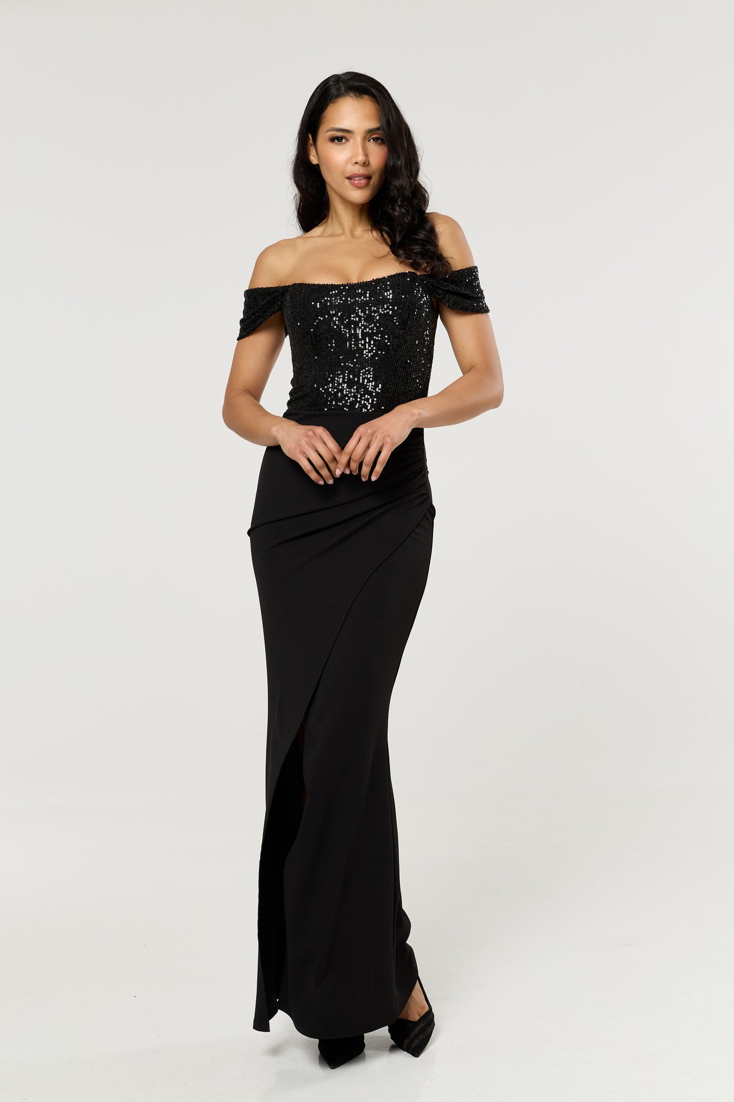 
                  
                    Black Sequin Bardot Maxi Dress
                  
                