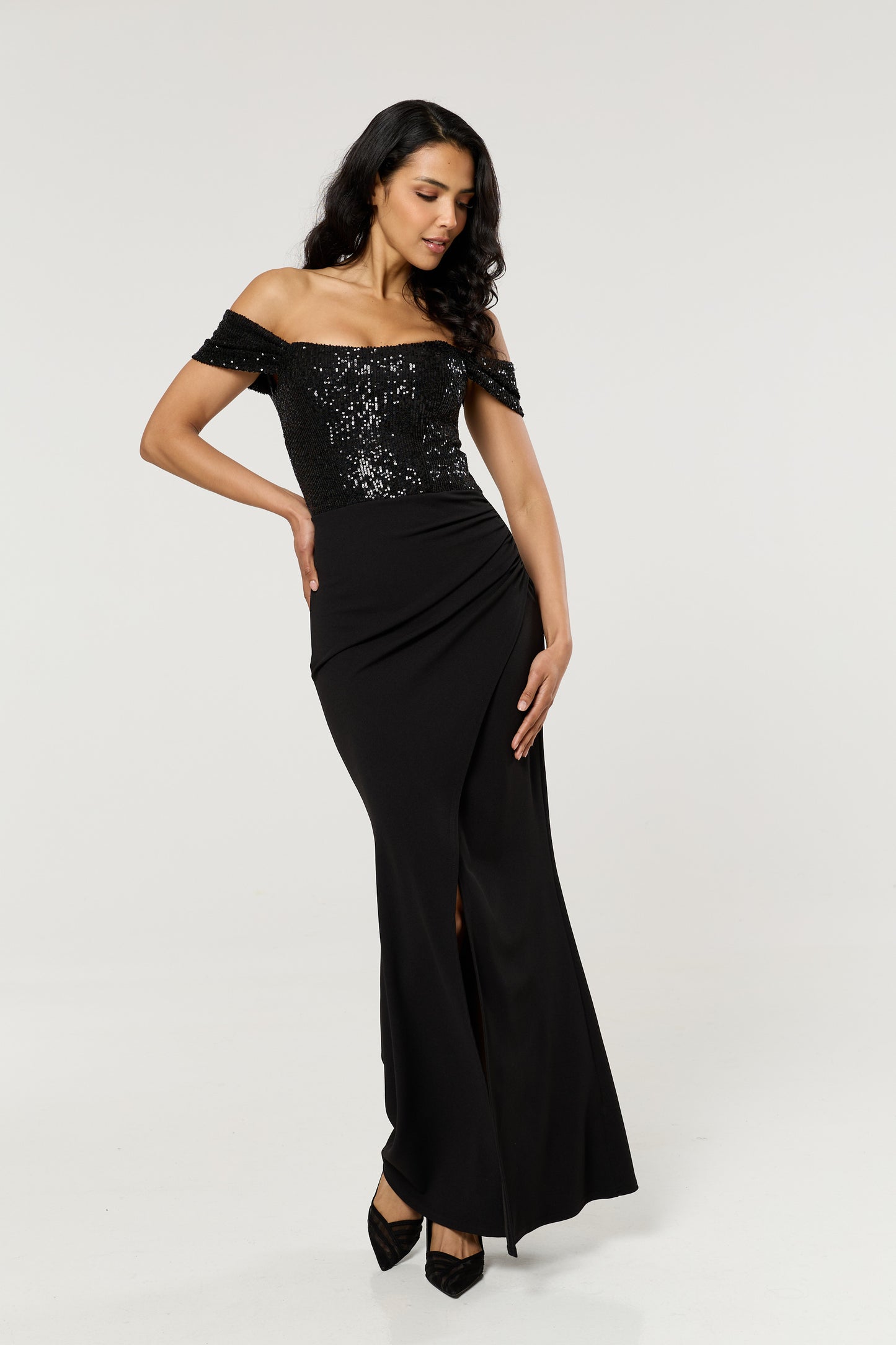 
                  
                    Black Sequin Bardot Maxi Dress
                  
                