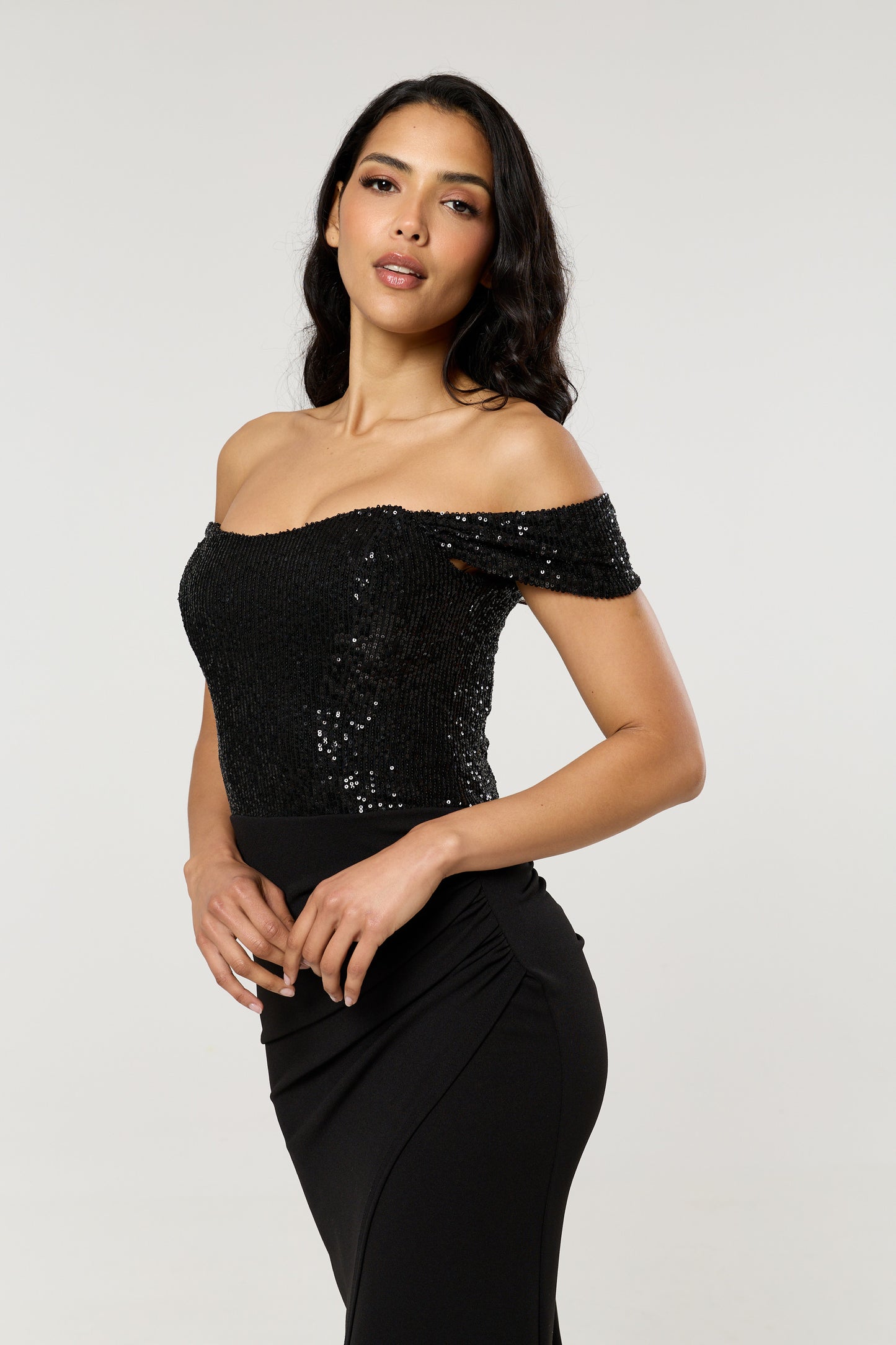 
                  
                    Black Sequin Bardot Maxi Dress
                  
                