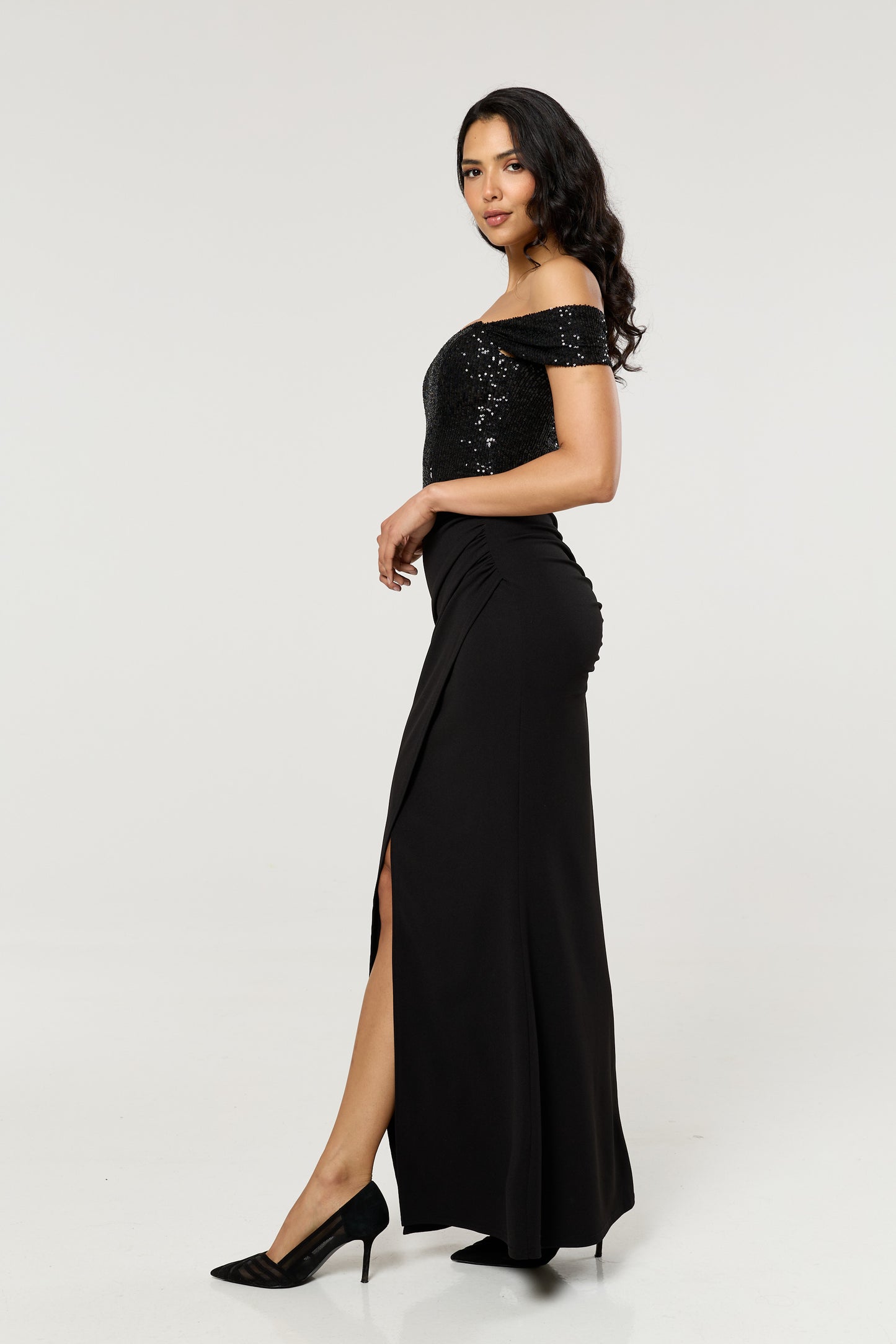 
                  
                    Black Sequin Bardot Maxi Dress
                  
                