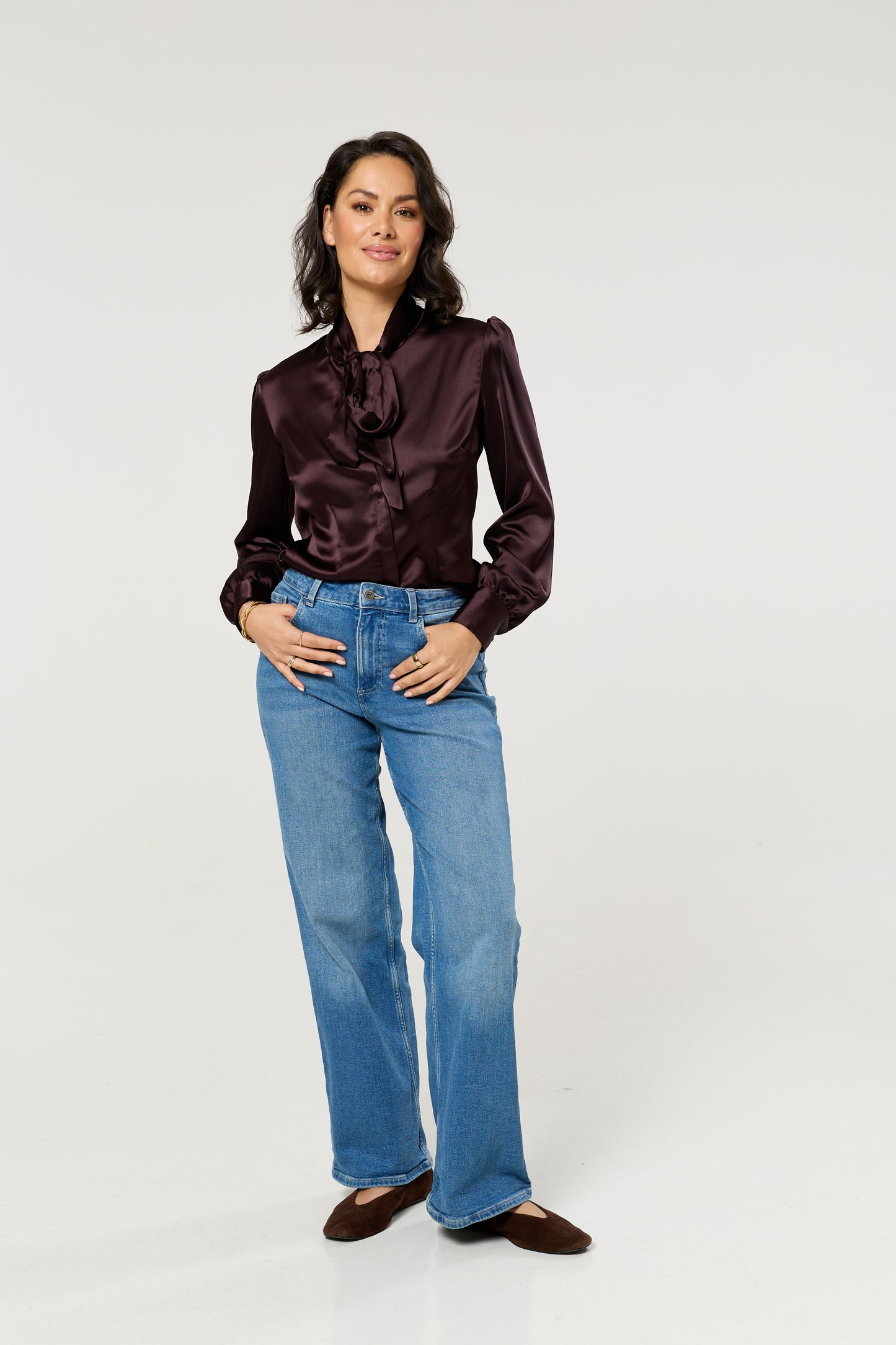 
                  
                    Plum Satin Pussybow Blouse
                  
                