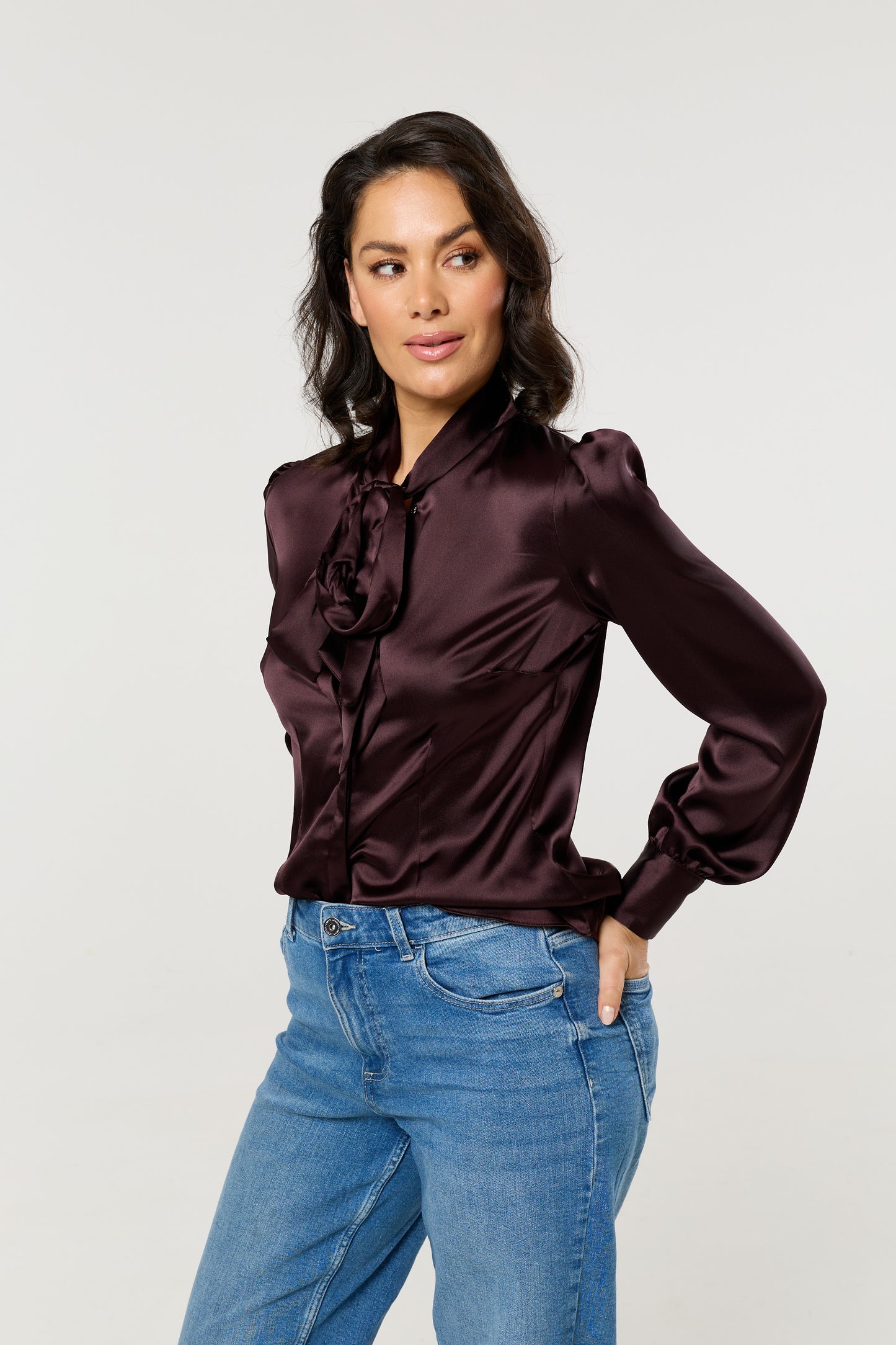 
                  
                    Plum Satin Pussybow Blouse
                  
                