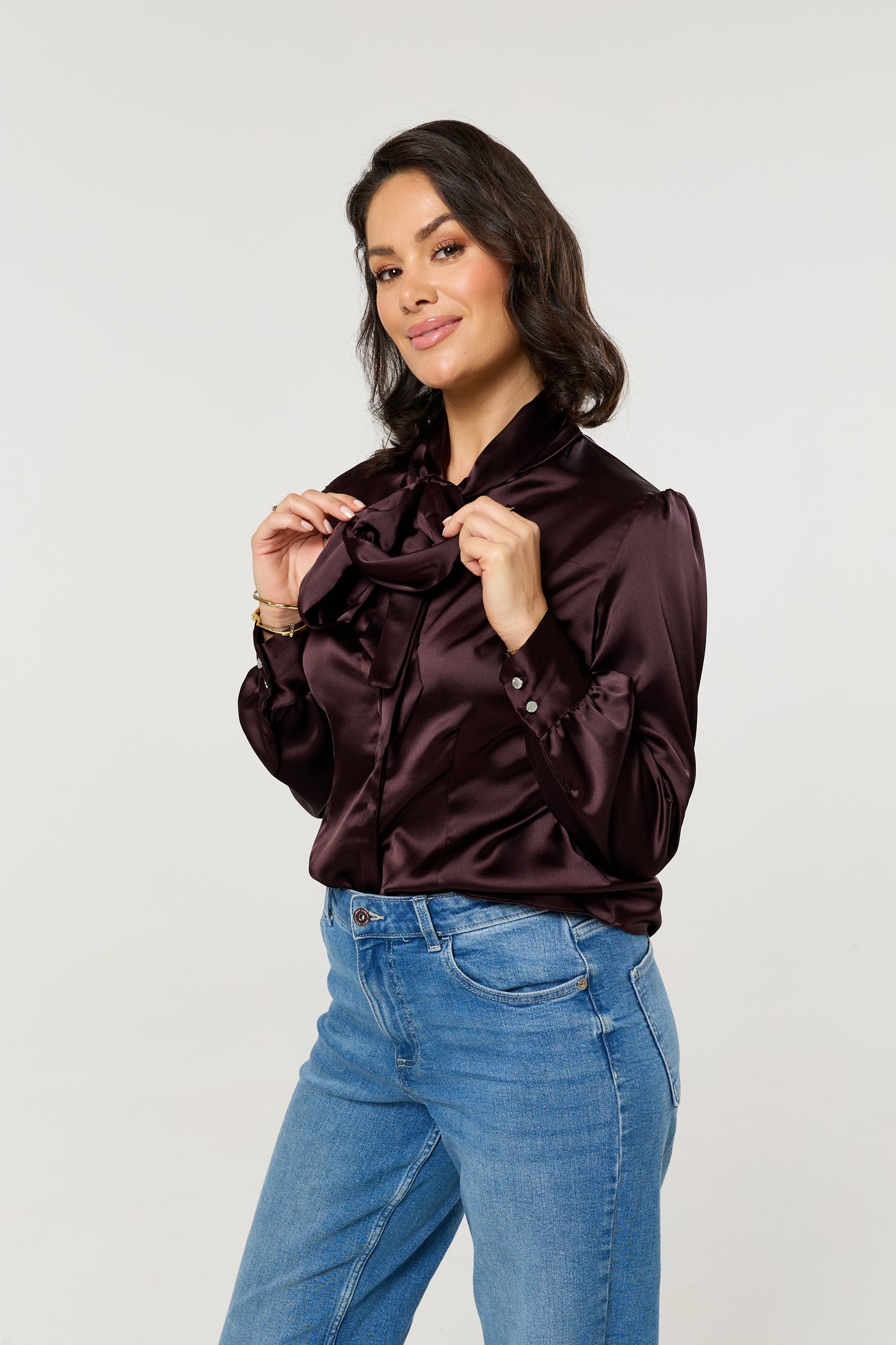 
                  
                    Plum Satin Pussybow Blouse
                  
                