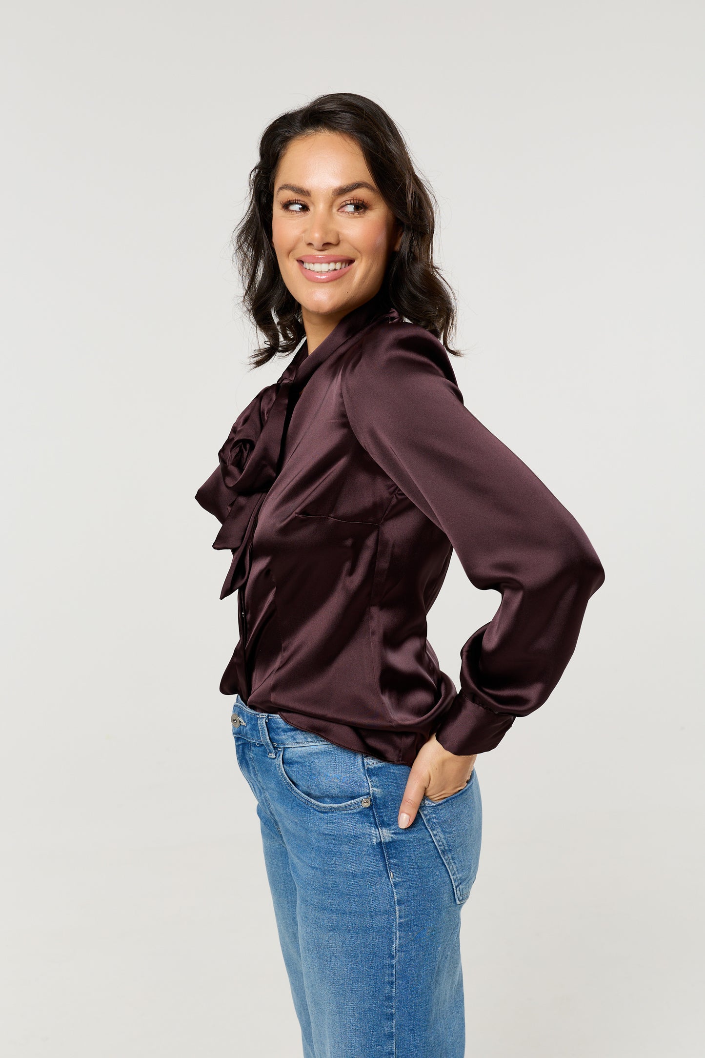 
                  
                    Plum Satin Pussybow Blouse
                  
                