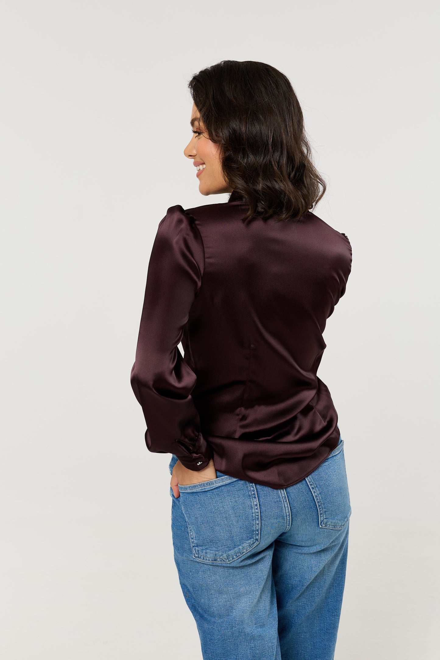 
                  
                    Plum Satin Pussybow Blouse
                  
                