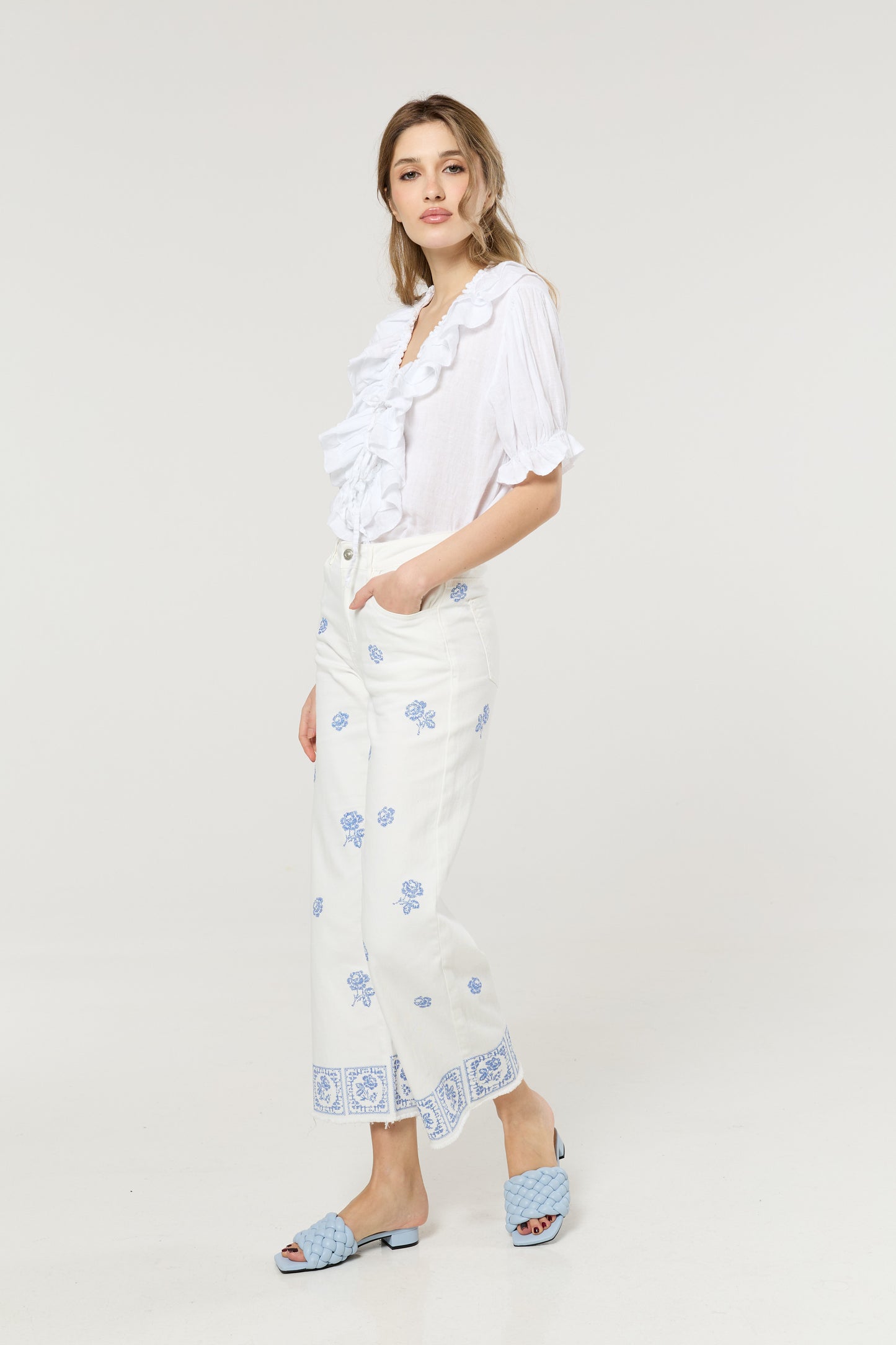 
                  
                    White Floral Embroidered Wide Leg Jeans
                  
                