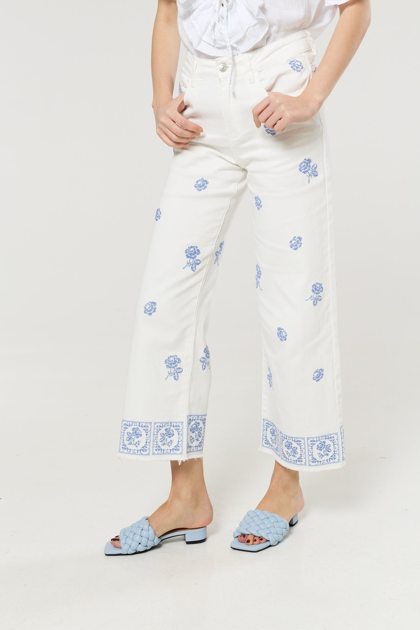 
                  
                    White Floral Embroidered Wide Leg Jeans
                  
                