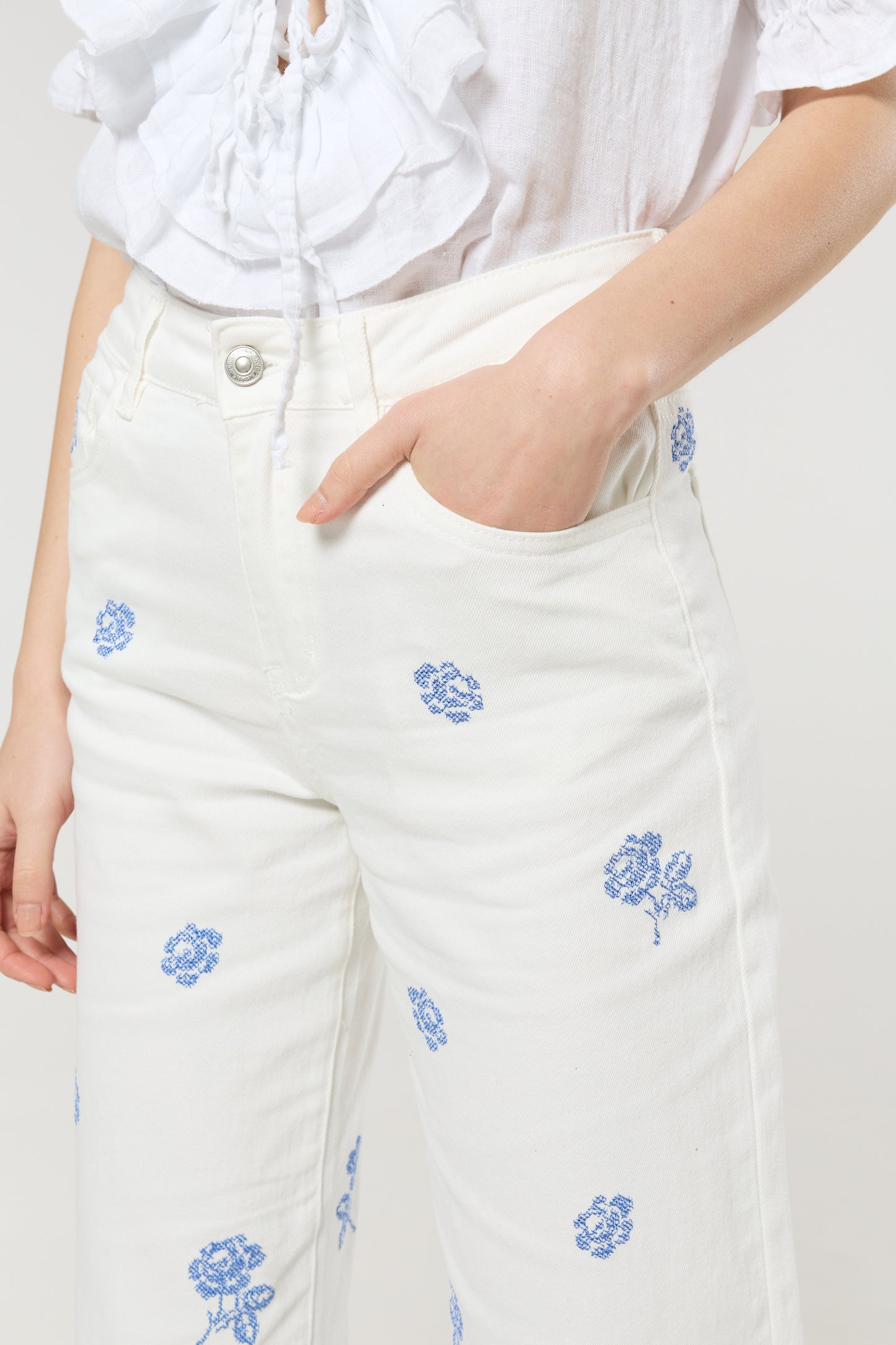 
                  
                    White Floral Embroidered Wide Leg Jeans
                  
                