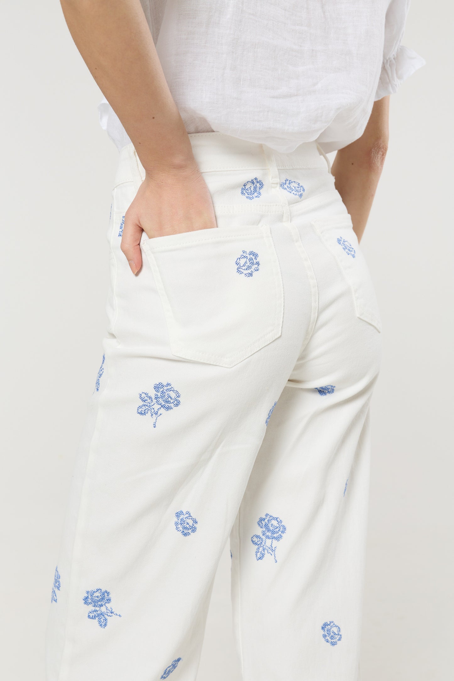
                  
                    White Floral Embroidered Wide Leg Jeans
                  
                