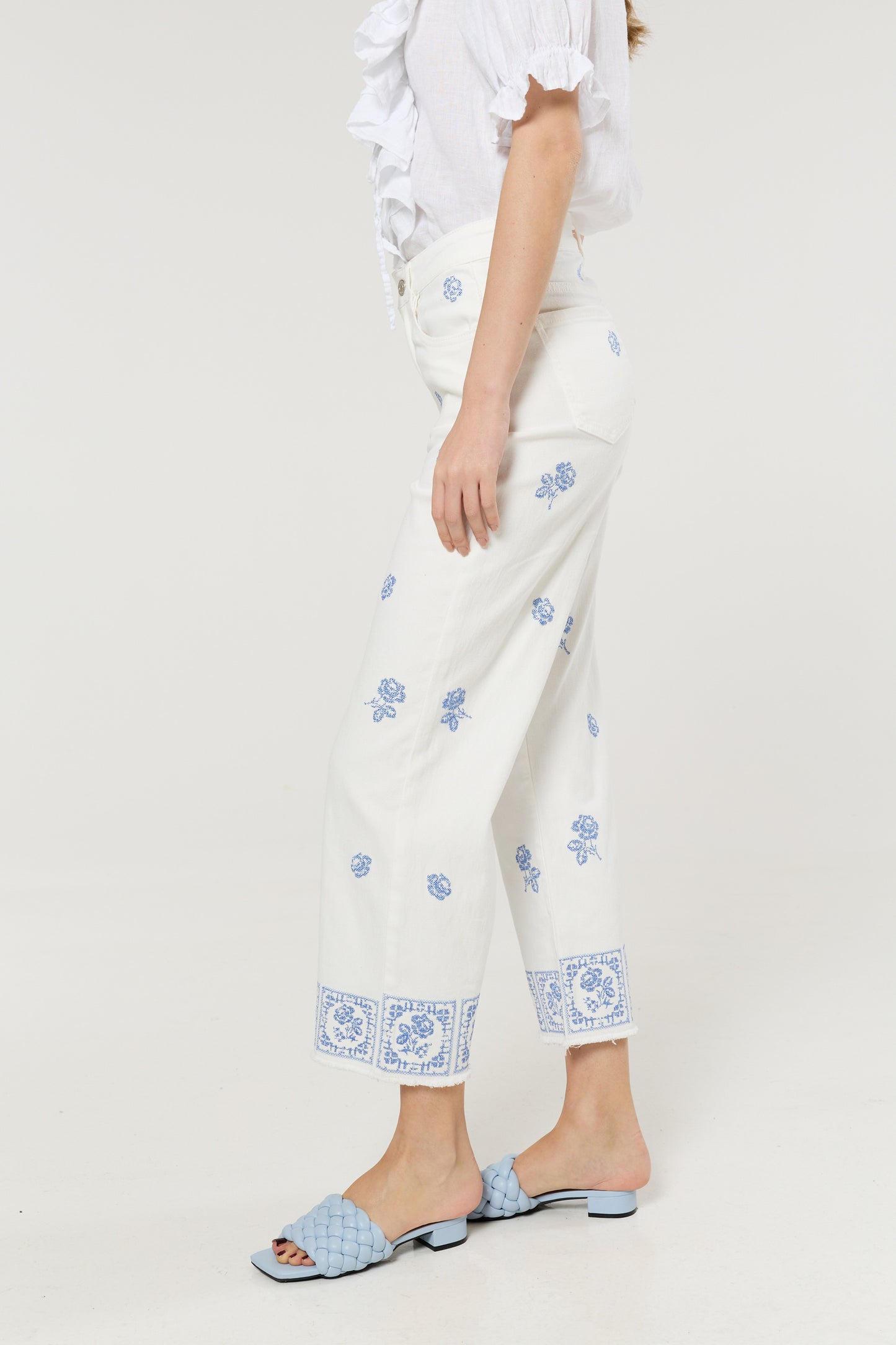 
                  
                    White Floral Embroidered Wide Leg Jeans
                  
                
